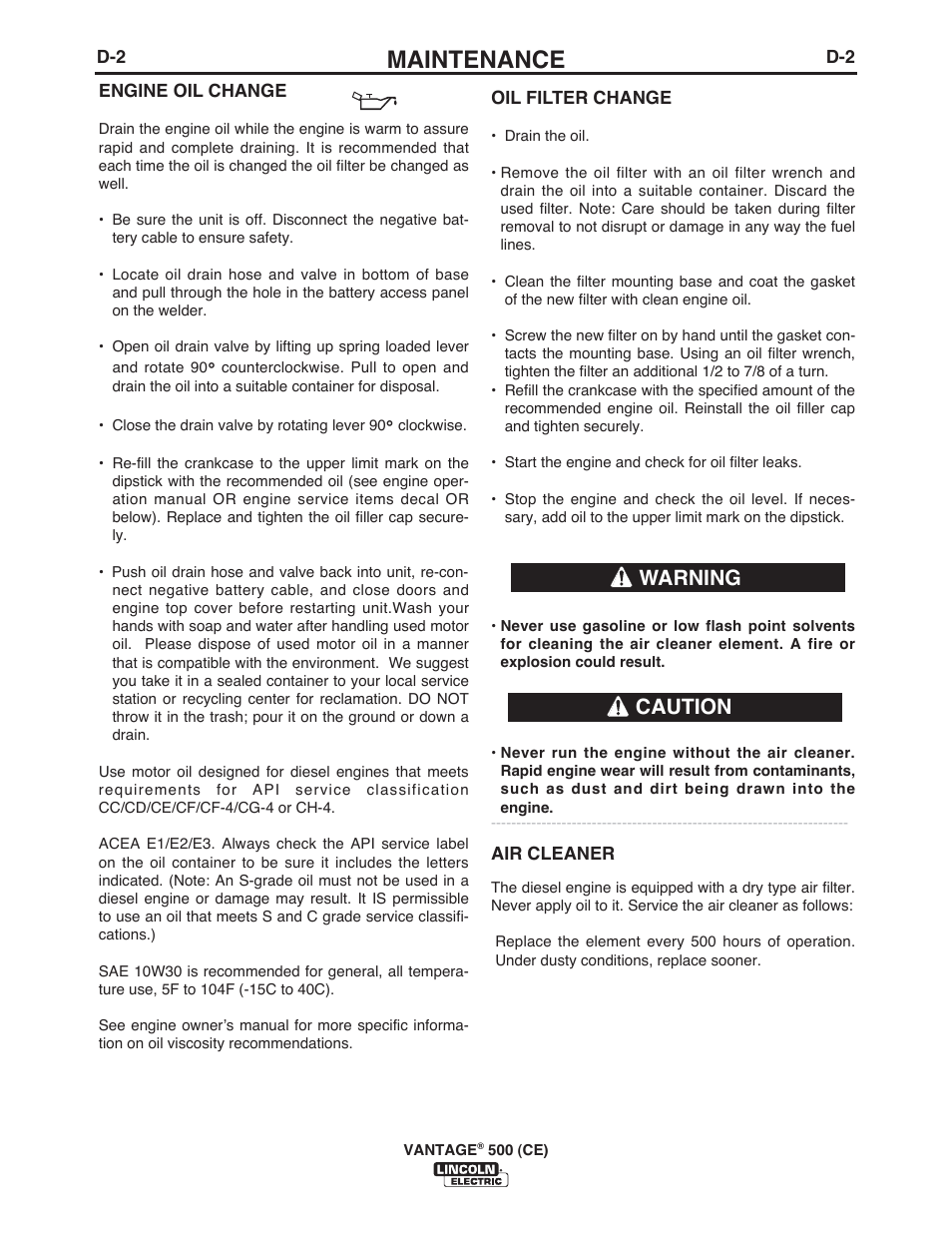 Maintenance, Caution warning | Lincoln Electric IM894 VANTAGE 500 (CE) User Manual | Page 28 / 50