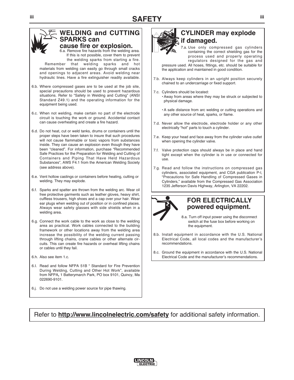 Safety, For electrically powered equipment, Cylinder may explode if damaged | Lincoln Electric IM894 VANTAGE 500 (CE) User Manual | Page 4 / 50