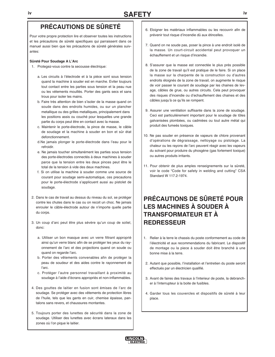 Safety, Précautions de sûreté | Lincoln Electric IM894 VANTAGE 500 (CE) User Manual | Page 5 / 50