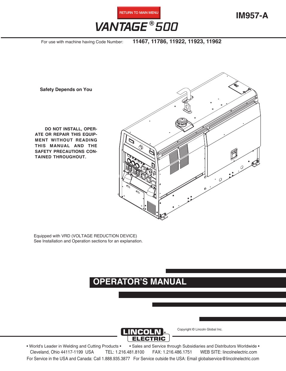 Lincoln Electric IM957 VANTAGE 500 User Manual | 55 pages