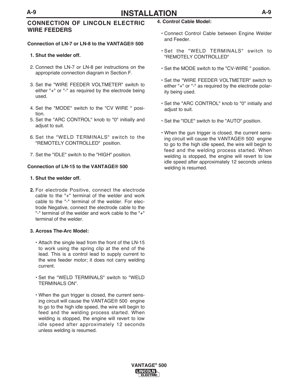 Installation | Lincoln Electric IM957 VANTAGE 500 User Manual | Page 17 / 55