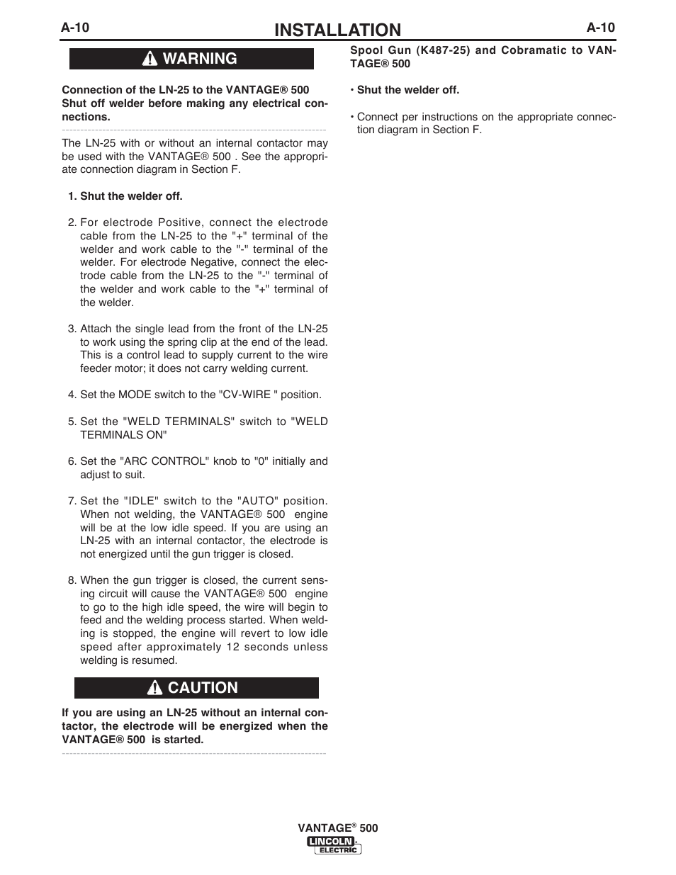 Installation, Warning caution | Lincoln Electric IM957 VANTAGE 500 User Manual | Page 18 / 55