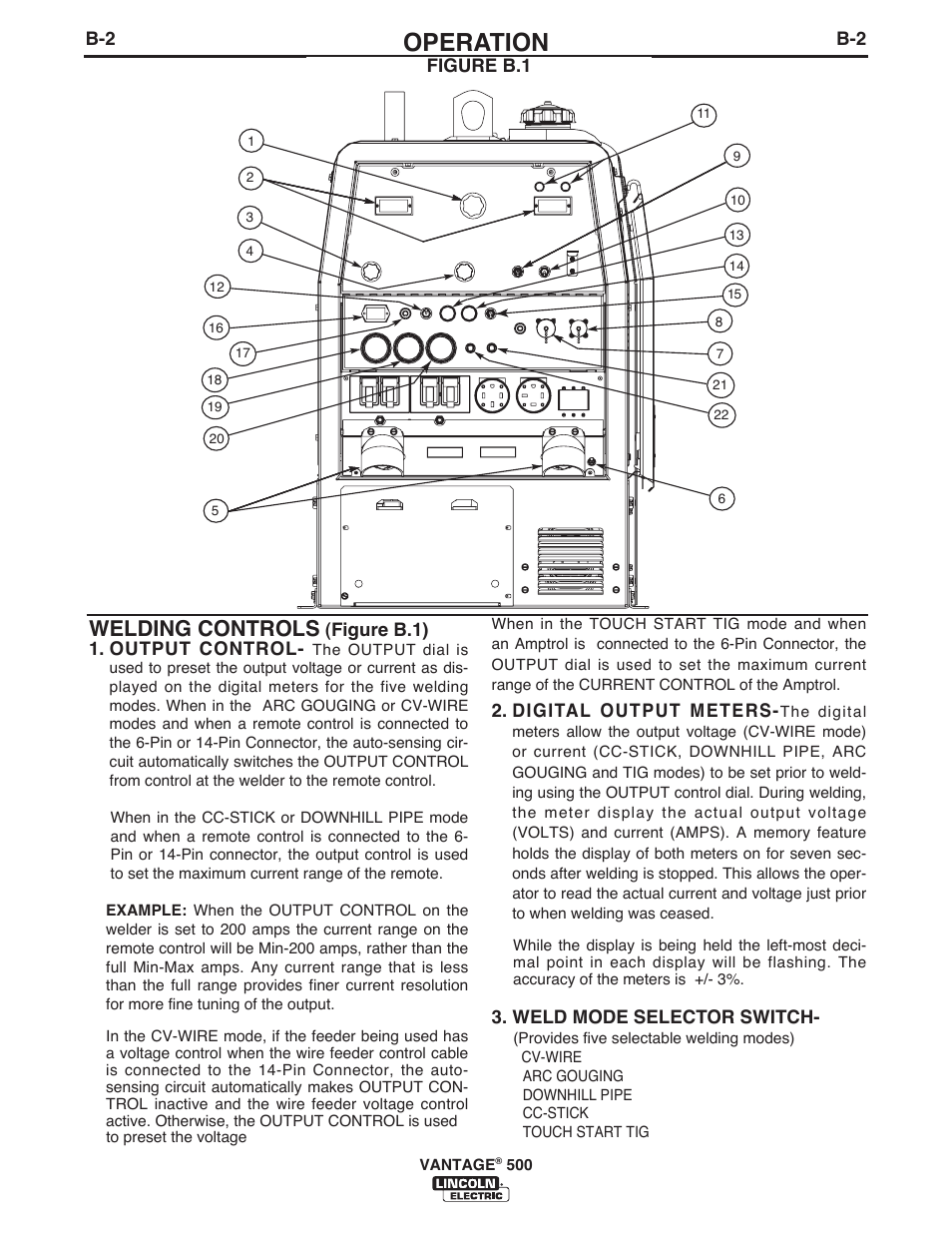 Operation, Welding controls | Lincoln Electric IM957 VANTAGE 500 User Manual | Page 20 / 55