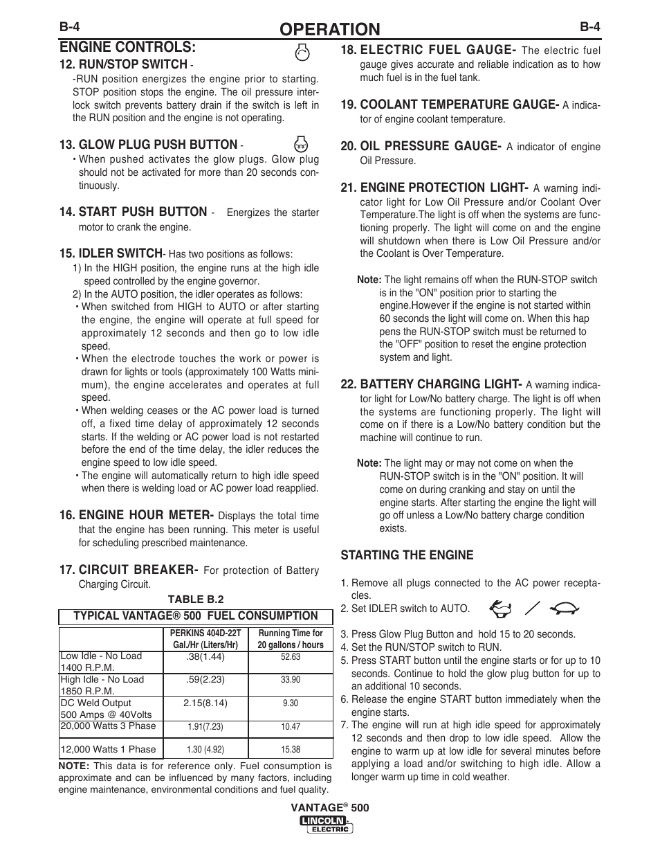 Operation, Engine controls | Lincoln Electric IM957 VANTAGE 500 User Manual | Page 22 / 55