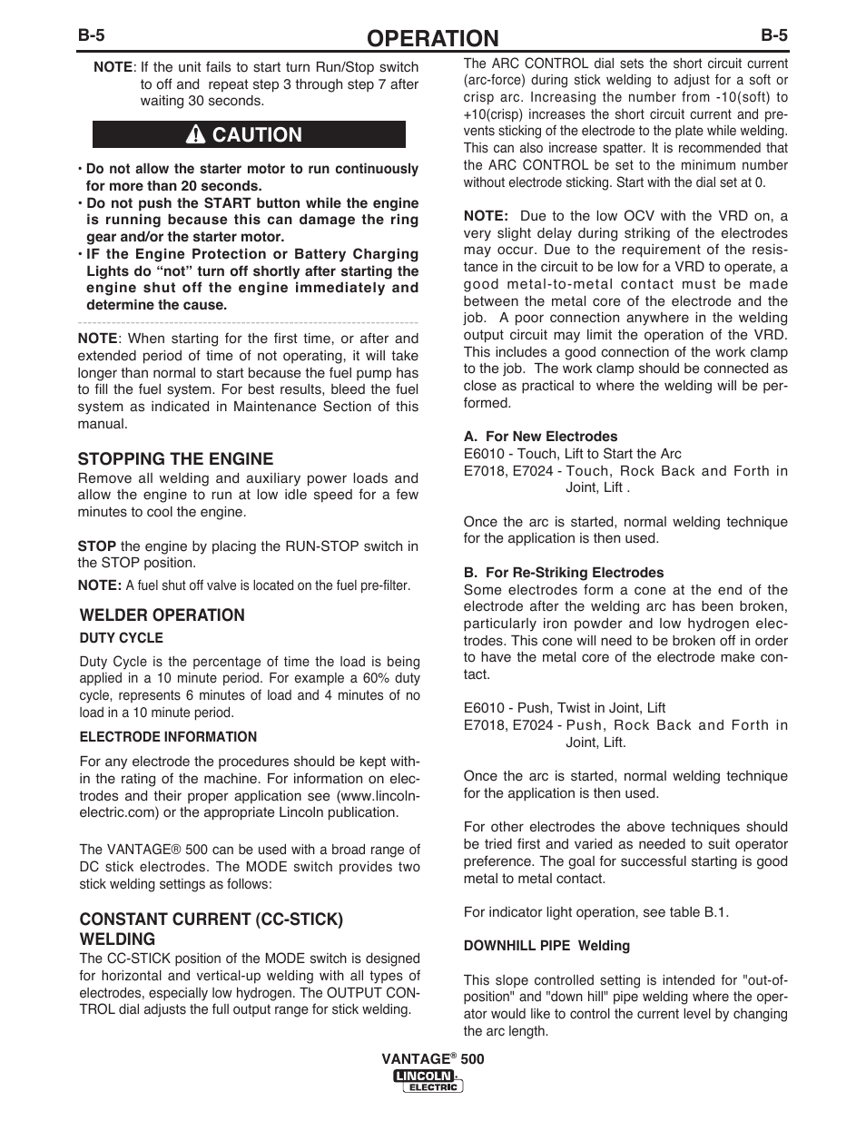 Operation, Caution | Lincoln Electric IM957 VANTAGE 500 User Manual | Page 23 / 55