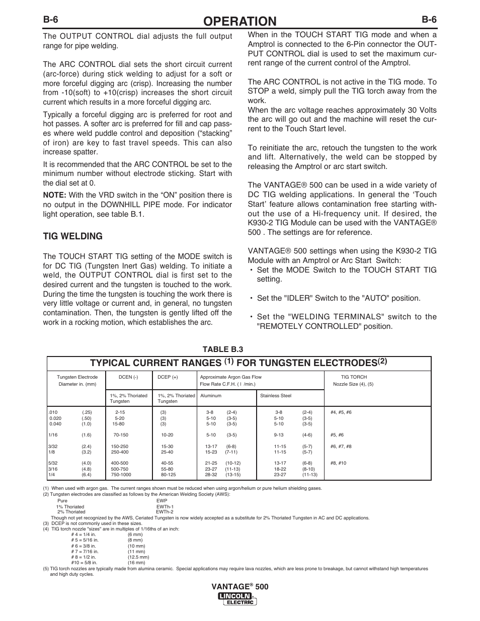 Operation, Tig welding, Typical current ranges | For tungsten electrodes, Table b.3 vantage | Lincoln Electric IM957 VANTAGE 500 User Manual | Page 24 / 55