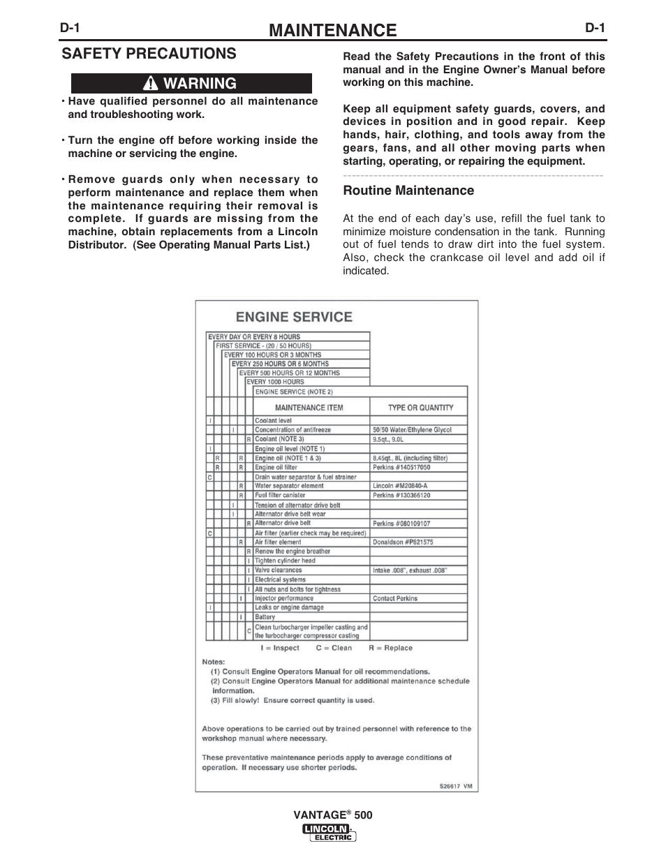 Maintenance, Safety precautions, Warning | Lincoln Electric IM957 VANTAGE 500 User Manual | Page 27 / 55