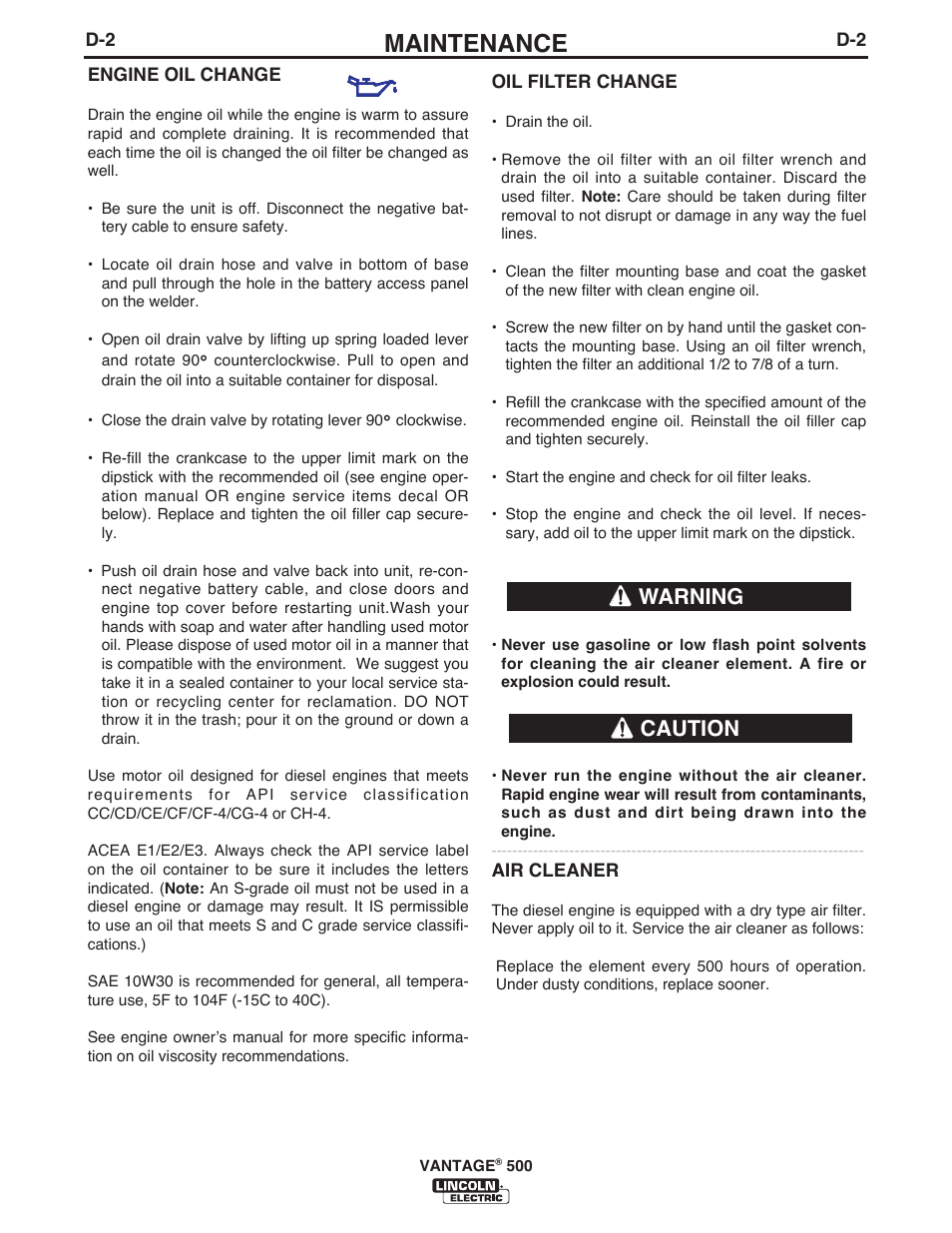 Maintenance, Caution warning | Lincoln Electric IM957 VANTAGE 500 User Manual | Page 28 / 55