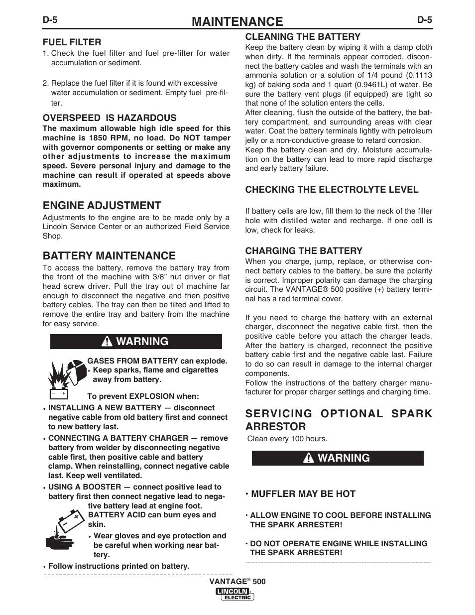 Maintenance, Engine adjustment, Battery maintenance | Servicing optional spark arrestor, Warning | Lincoln Electric IM957 VANTAGE 500 User Manual | Page 31 / 55