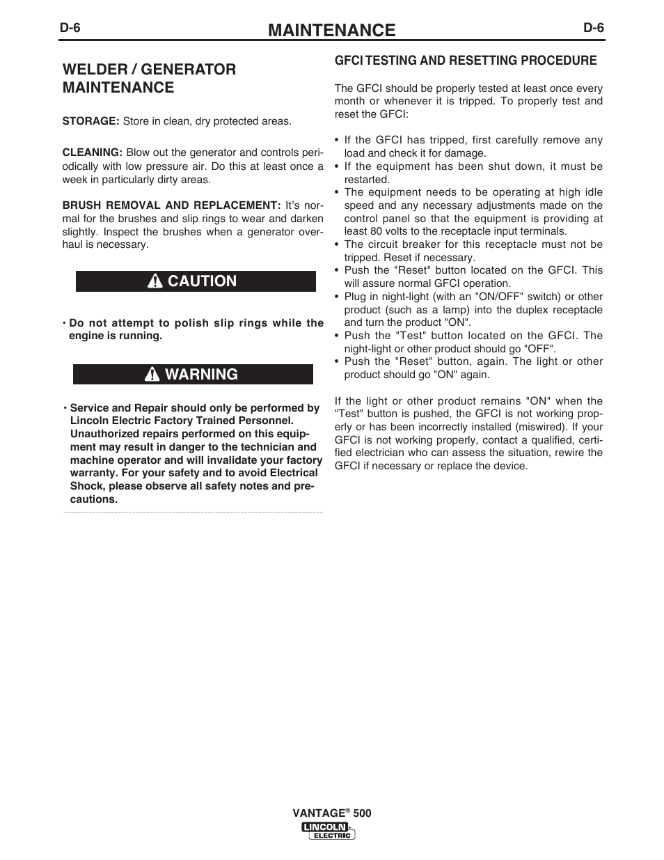 Maintenance, Welder / generator maintenance, Warning | Caution | Lincoln Electric IM957 VANTAGE 500 User Manual | Page 32 / 55