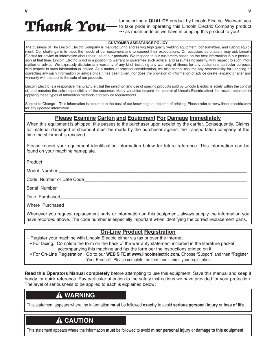 Warning, Caution | Lincoln Electric IM957 VANTAGE 500 User Manual | Page 6 / 55