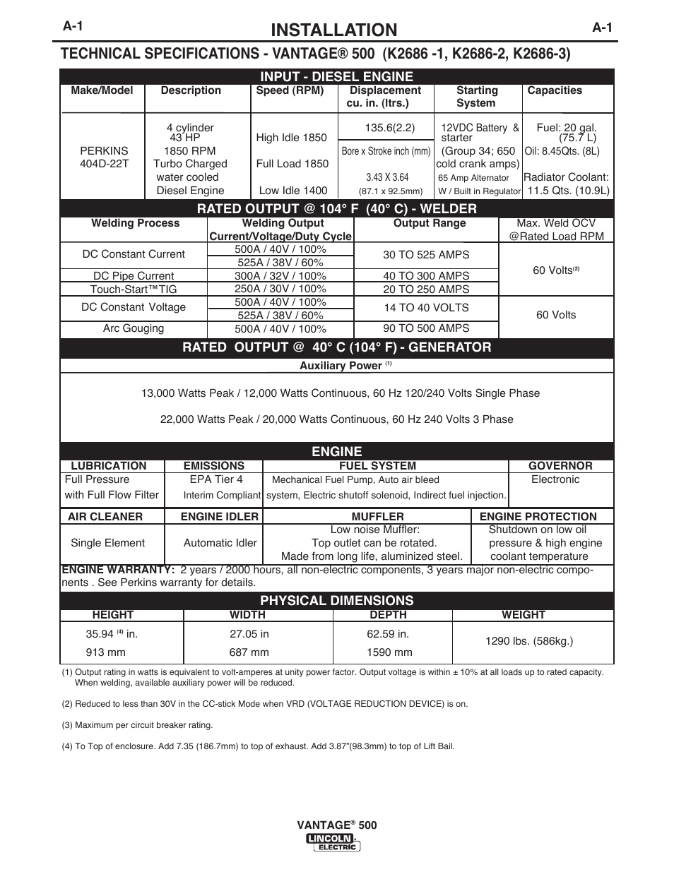 Installation | Lincoln Electric IM957 VANTAGE 500 User Manual | Page 9 / 55