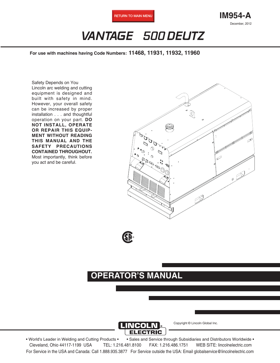 Lincoln Electric IM954 VANTAGE 500 DEUTZ User Manual | 53 pages