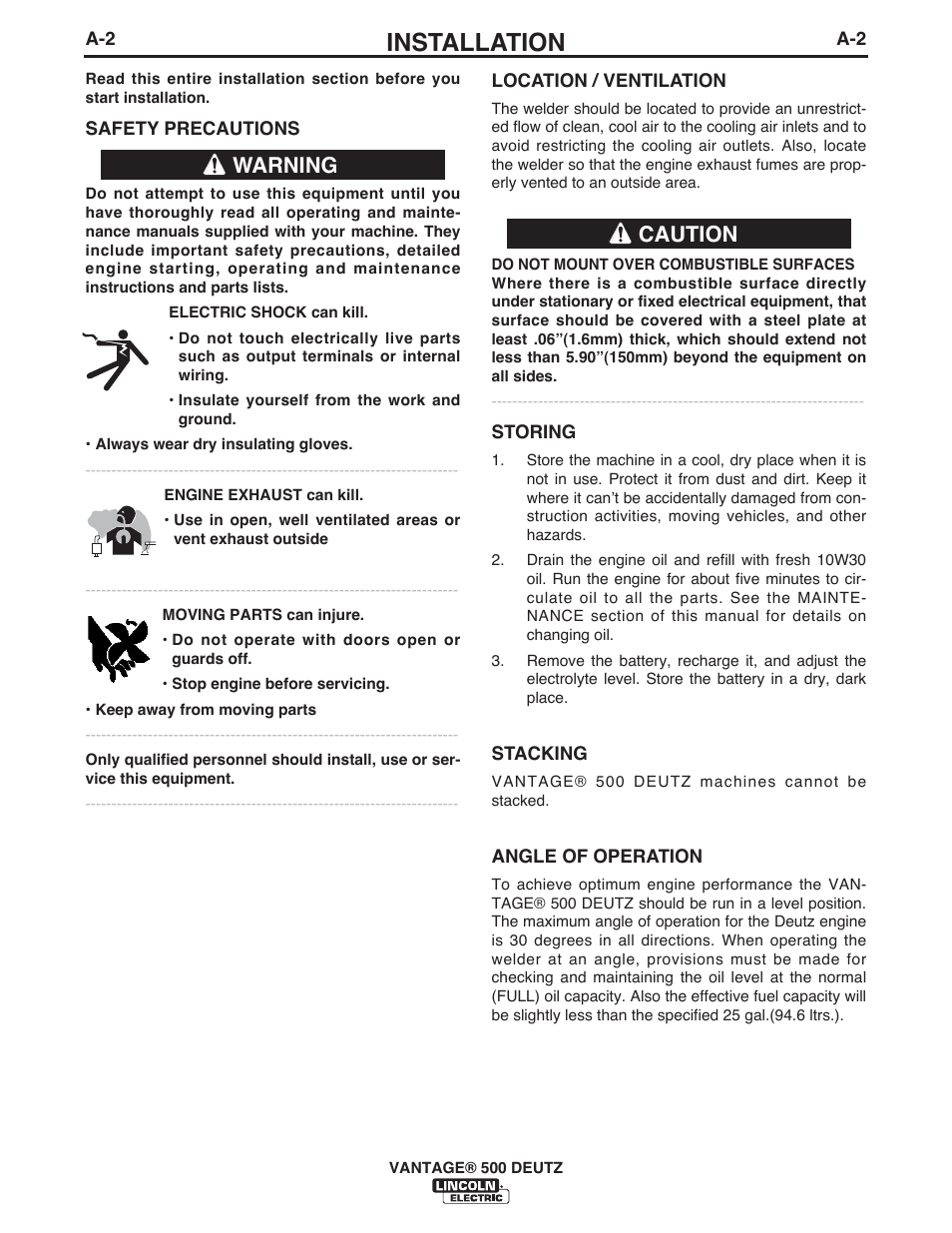 Installation, Warning caution | Lincoln Electric IM954 VANTAGE 500 DEUTZ User Manual | Page 10 / 53