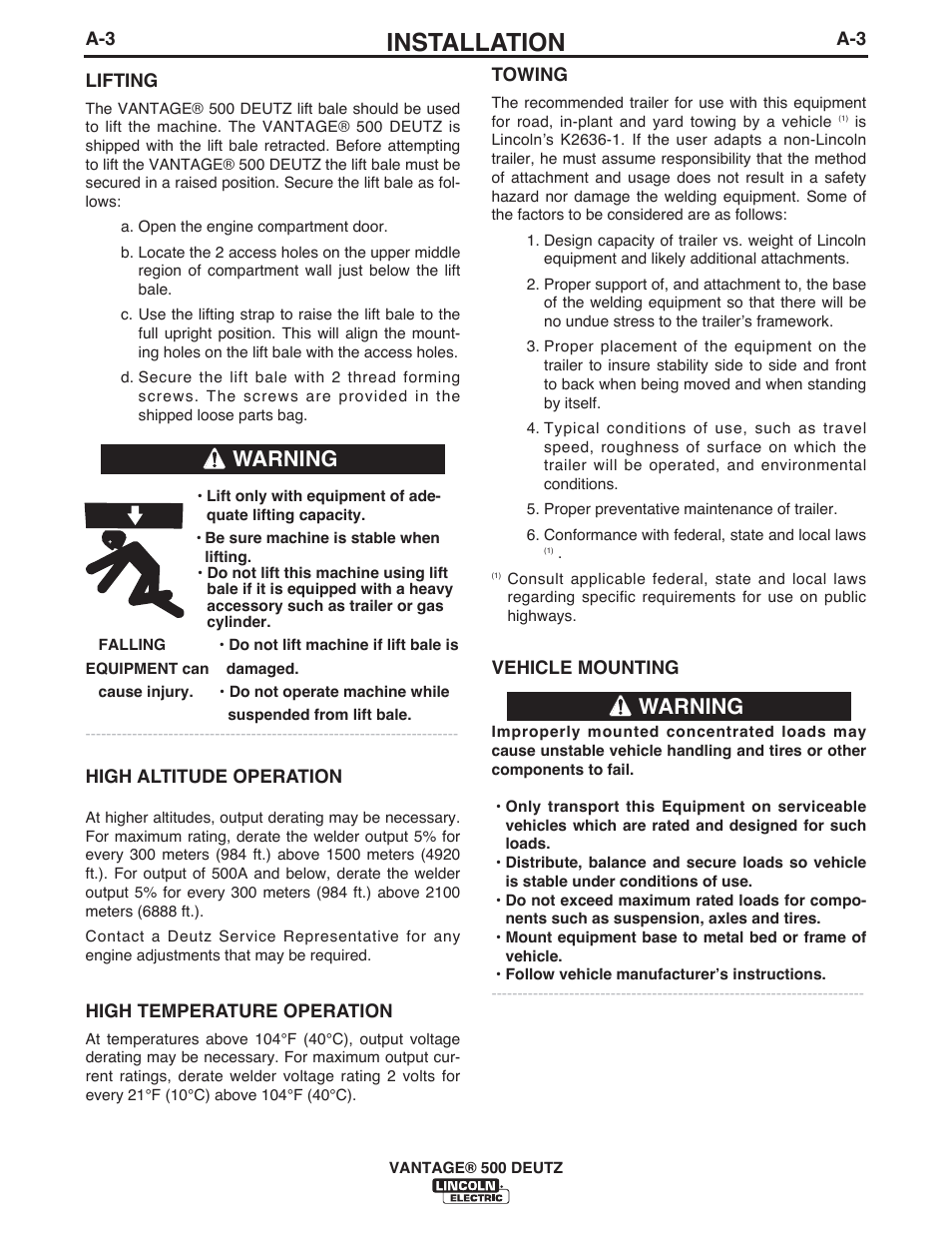 Installation, Warning | Lincoln Electric IM954 VANTAGE 500 DEUTZ User Manual | Page 11 / 53