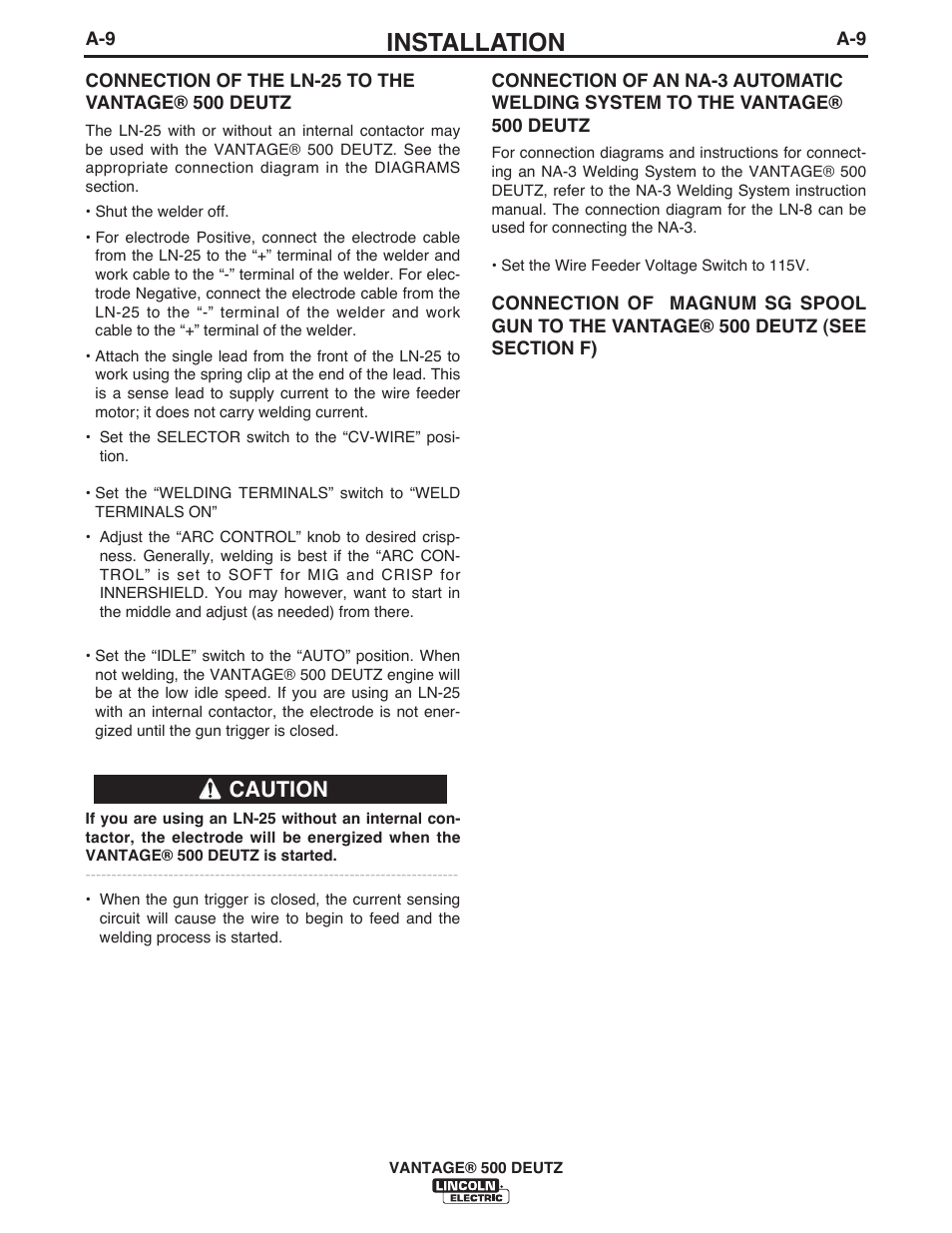 Installation, Caution | Lincoln Electric IM954 VANTAGE 500 DEUTZ User Manual | Page 17 / 53