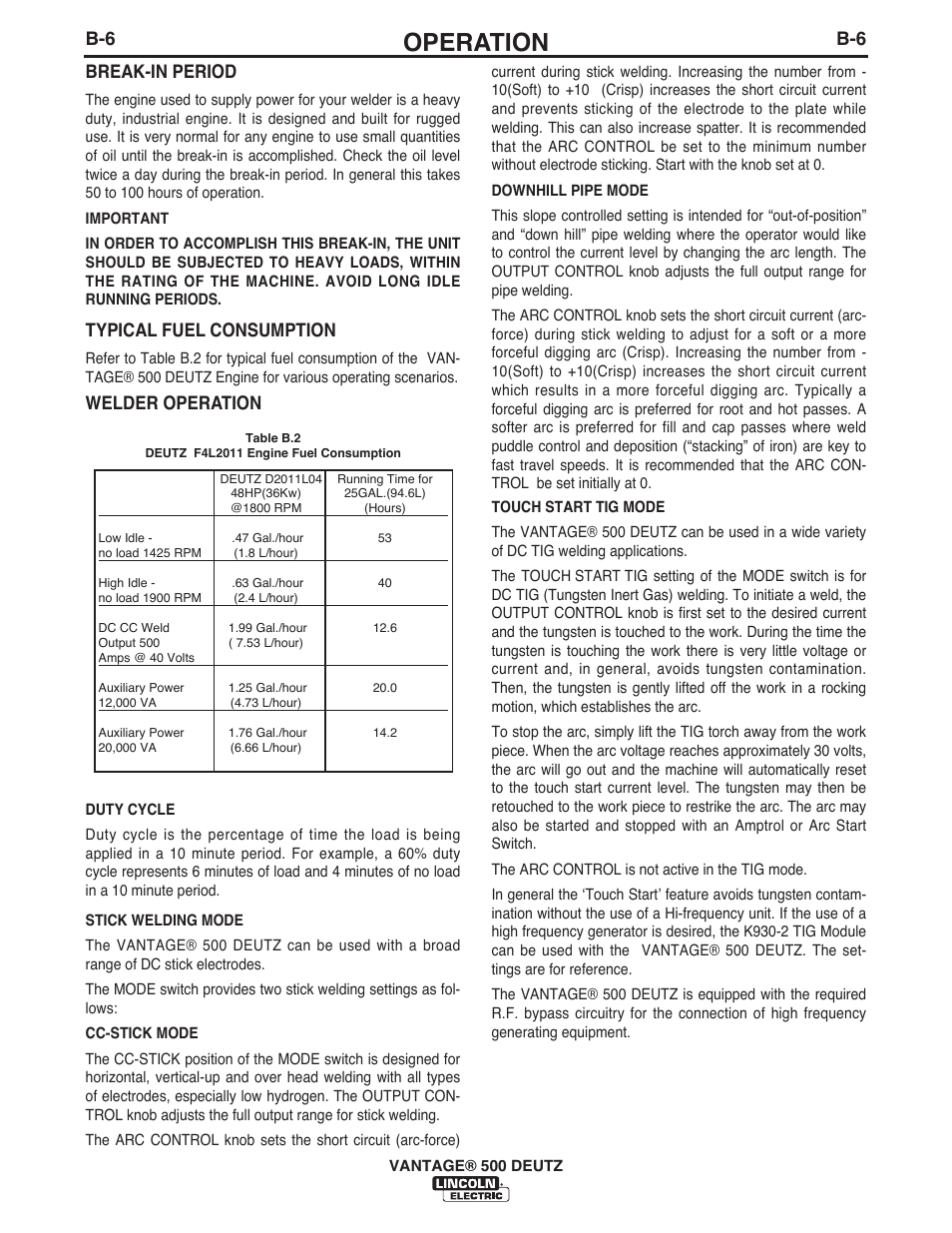 Operation, B-6 break-in period, Typical fuel consumption | Welder operation | Lincoln Electric IM954 VANTAGE 500 DEUTZ User Manual | Page 23 / 53