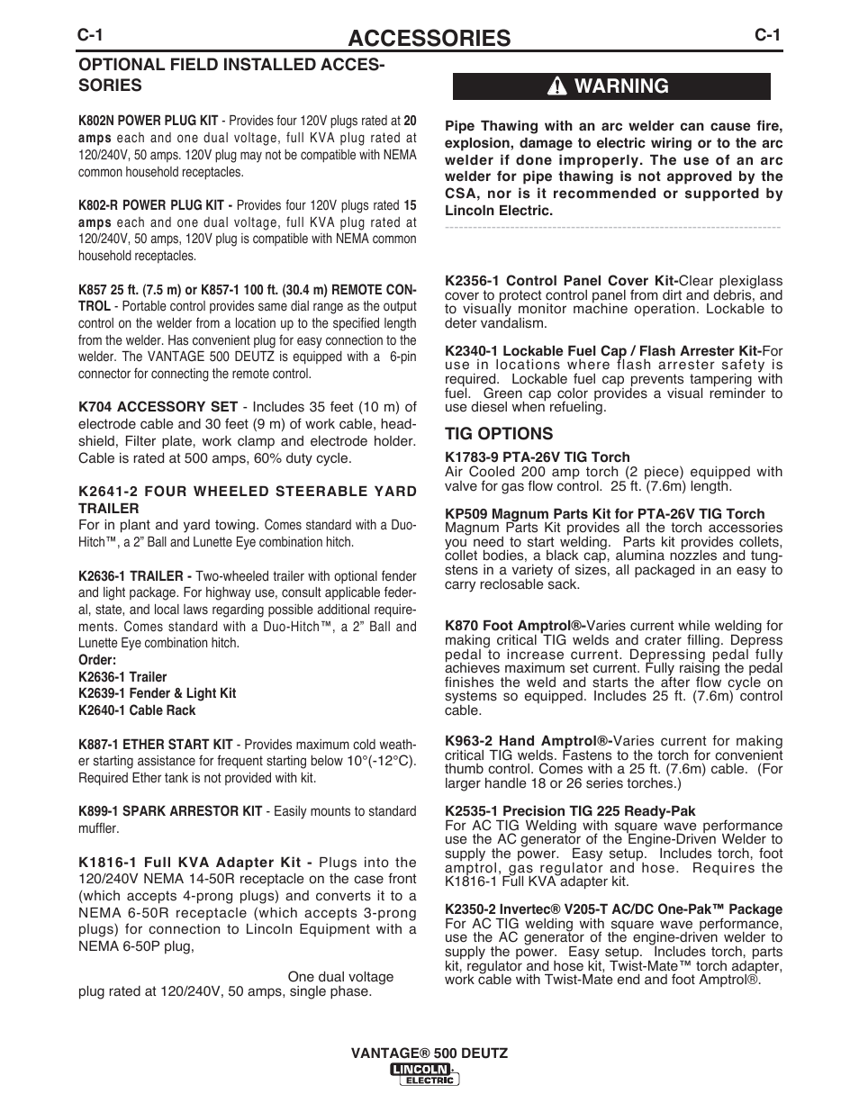 Accessories, Warning | Lincoln Electric IM954 VANTAGE 500 DEUTZ User Manual | Page 27 / 53