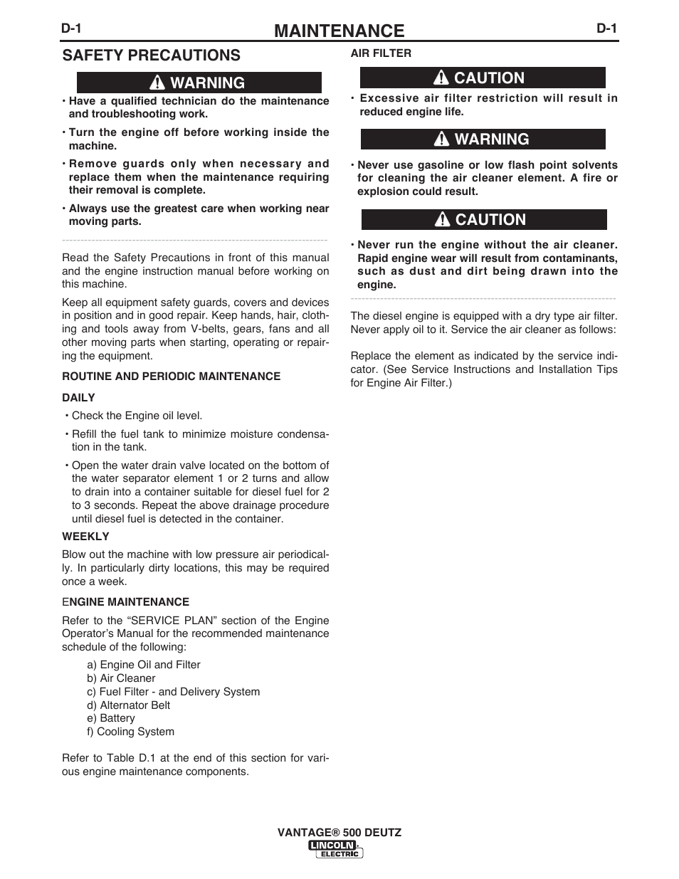 Maintenance, Safety precautions, Warning | Caution, Caution warning | Lincoln Electric IM954 VANTAGE 500 DEUTZ User Manual | Page 29 / 53