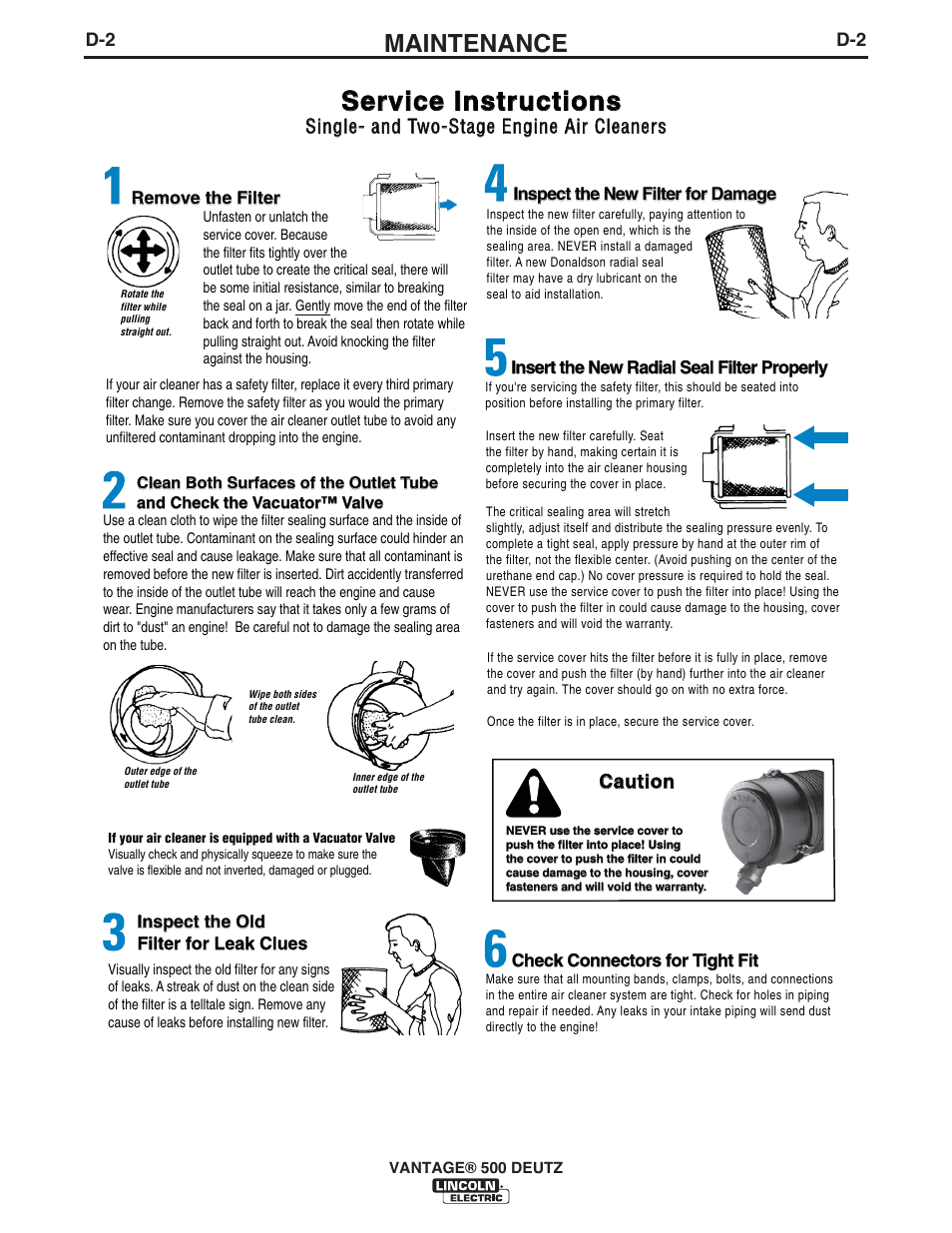 Service instructions, Maintenance, Caution | Single- and two-stage engine air cleaners | Lincoln Electric IM954 VANTAGE 500 DEUTZ User Manual | Page 30 / 53