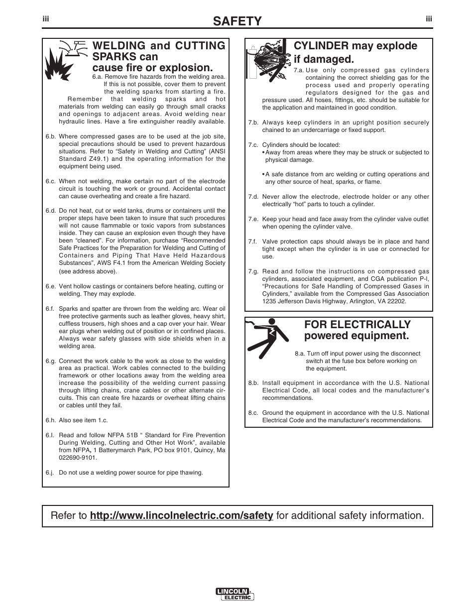 Safety, For electrically powered equipment, Cylinder may explode if damaged | Lincoln Electric IM954 VANTAGE 500 DEUTZ User Manual | Page 4 / 53