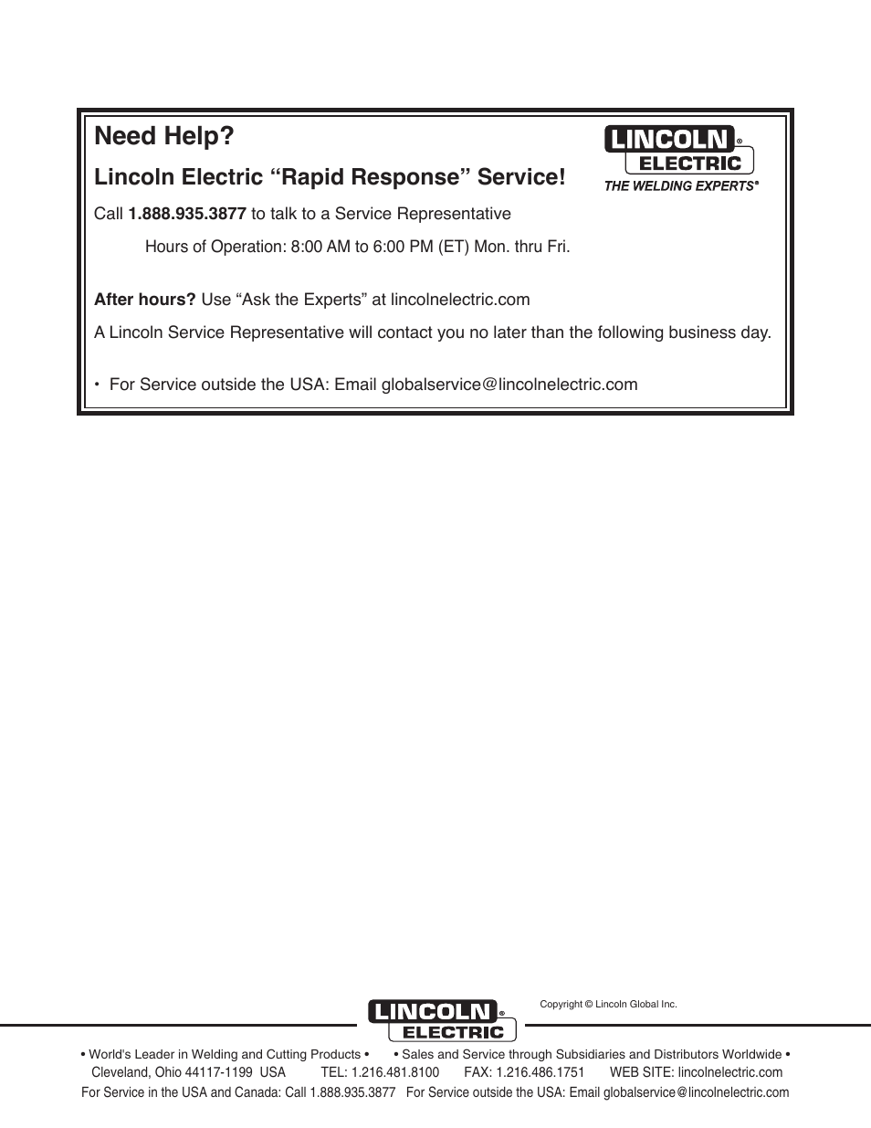 Need help, Lincoln electric “rapid response” service | Lincoln Electric IM954 VANTAGE 500 DEUTZ User Manual | Page 53 / 53