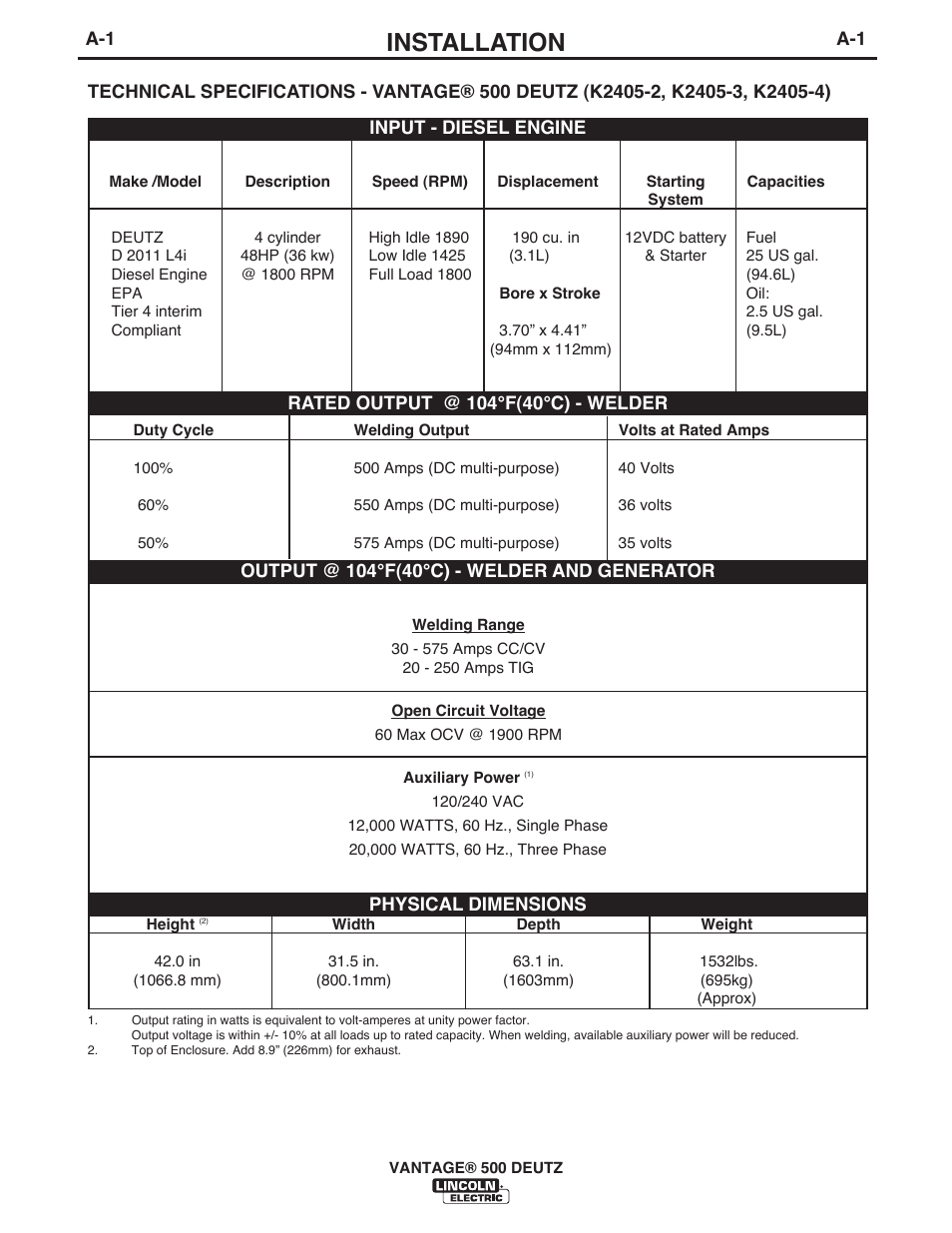 Installation | Lincoln Electric IM954 VANTAGE 500 DEUTZ User Manual | Page 9 / 53