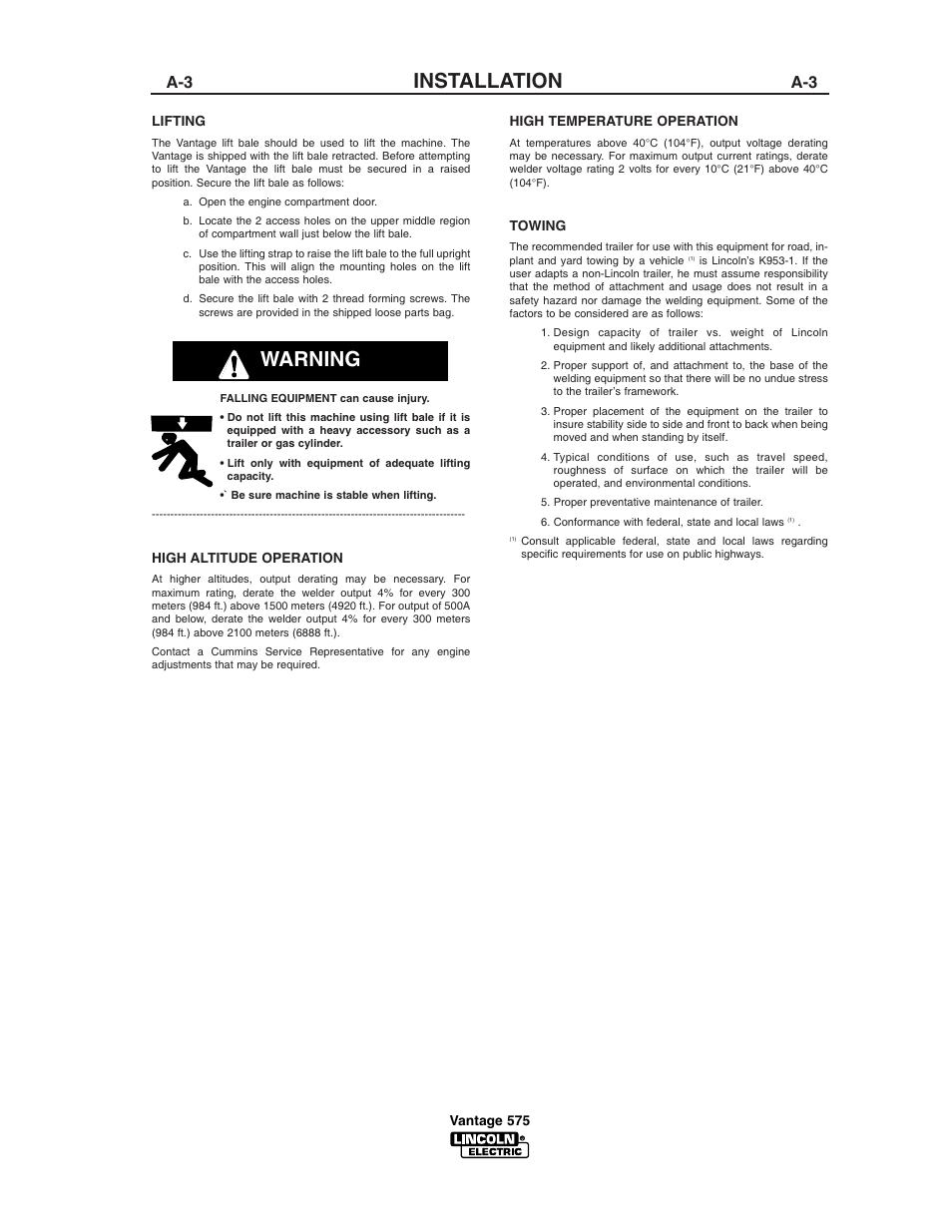 Installation, Warning | Lincoln Electric IM744 VANTAGE 575 User Manual | Page 13 / 54