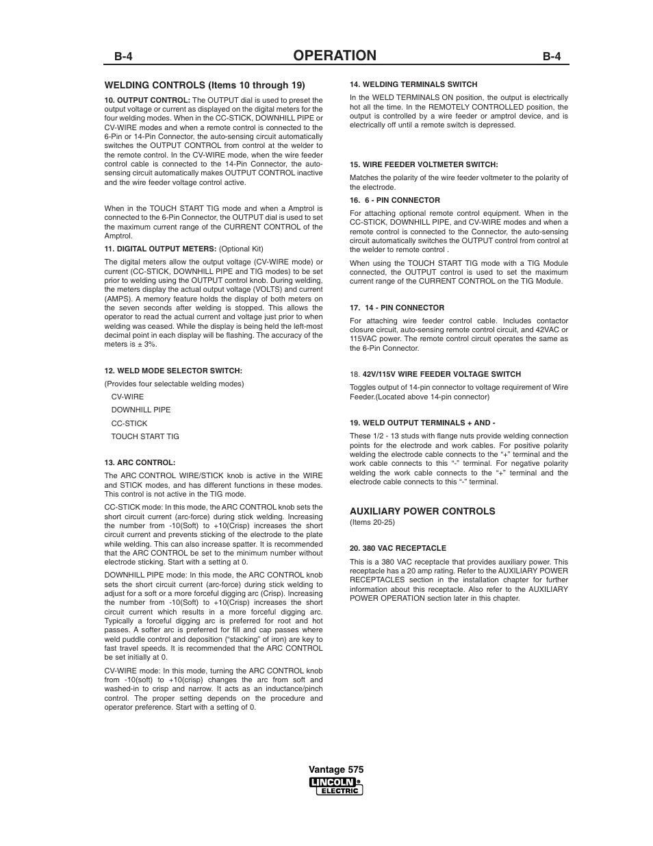 Operation | Lincoln Electric IM744 VANTAGE 575 User Manual | Page 22 / 54