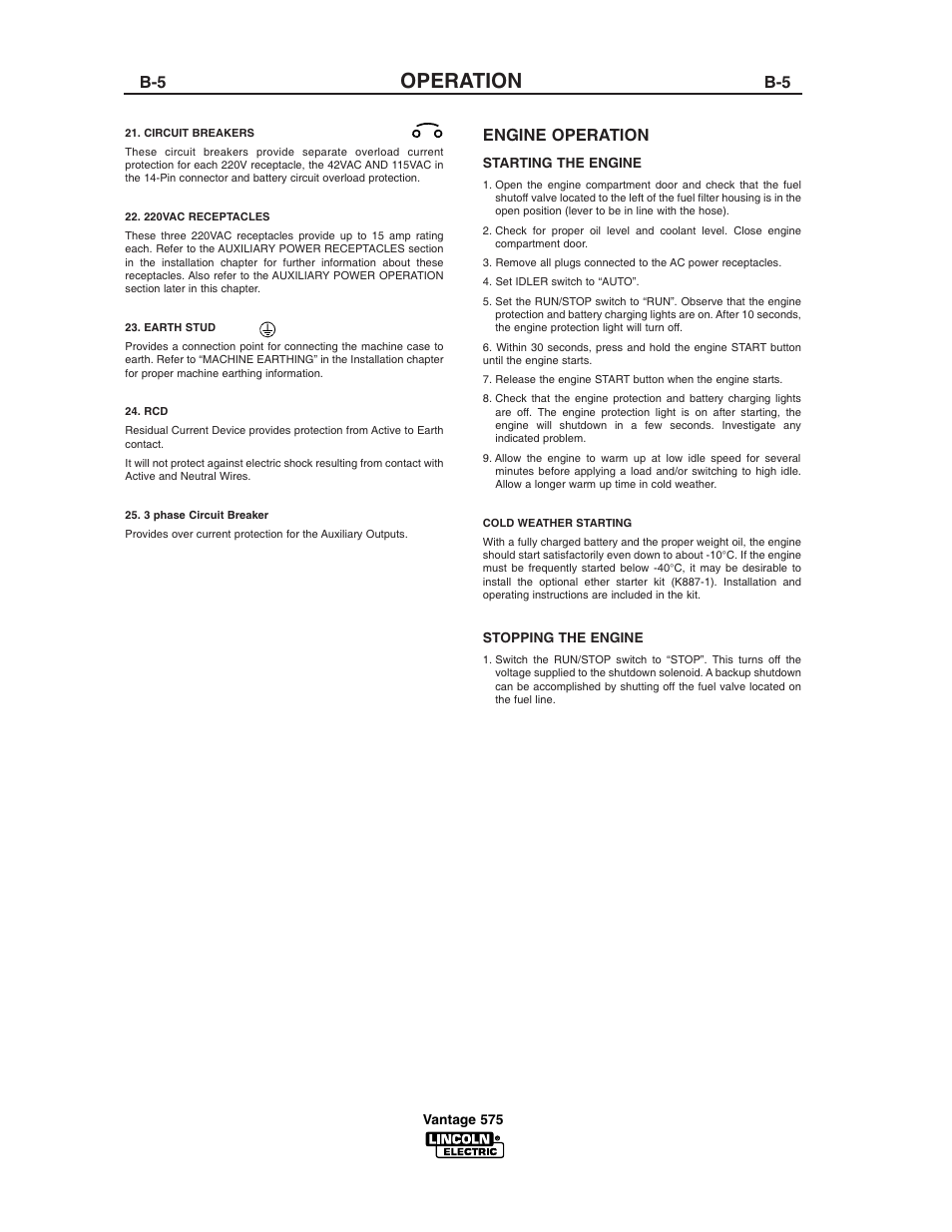 Operation, Engine operation | Lincoln Electric IM744 VANTAGE 575 User Manual | Page 23 / 54