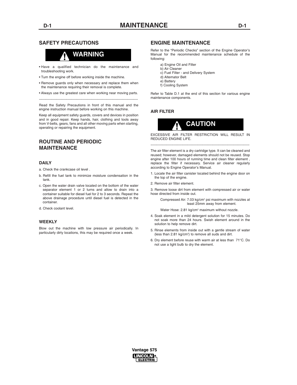 Maintenance, Warning caution, Safety precautions | Routine and periodic maintenance, Engine maintenance | Lincoln Electric IM744 VANTAGE 575 User Manual | Page 29 / 54