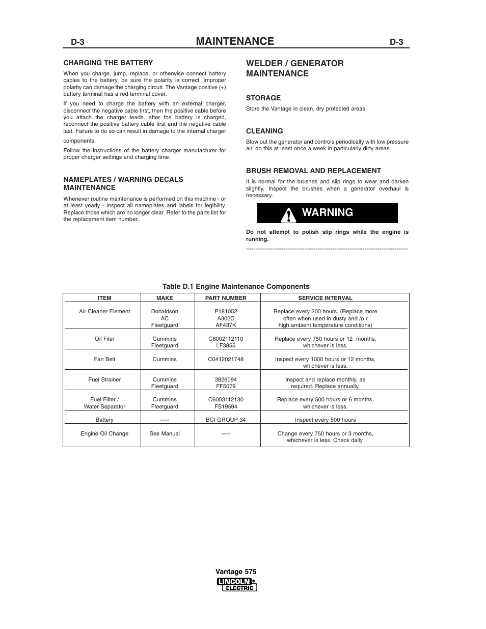 Maintenance, Warning, Welder / generator maintenance | Lincoln Electric IM744 VANTAGE 575 User Manual | Page 31 / 54