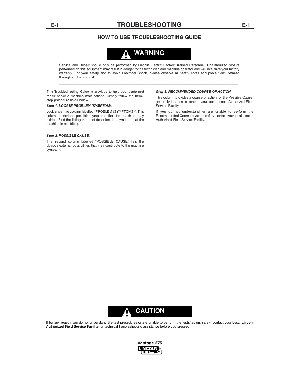 Troubleshooting, Warning caution | Lincoln Electric IM744 VANTAGE 575 User Manual | Page 32 / 54