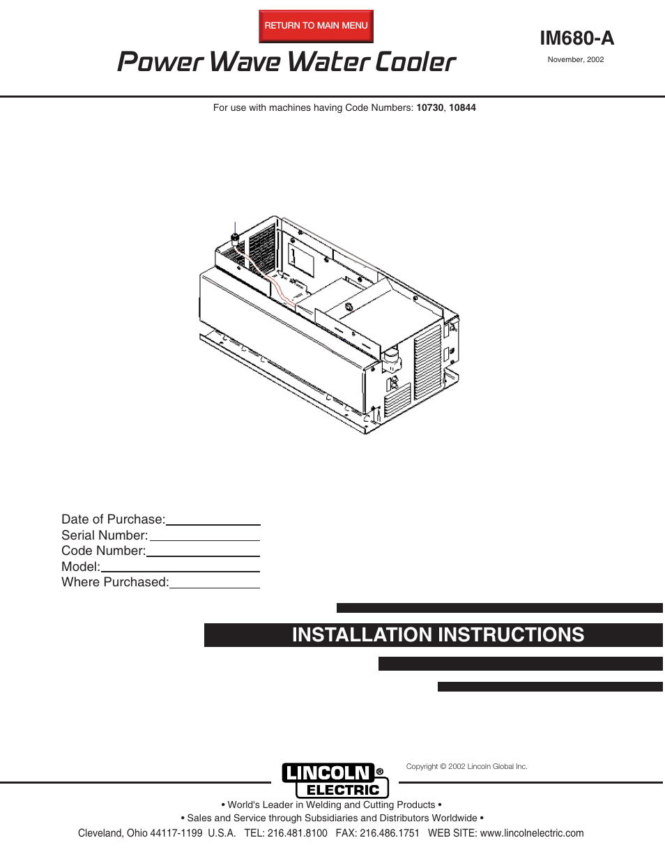 Lincoln Electric IM680 Power Wave Water Cooler User Manual | 20 pages