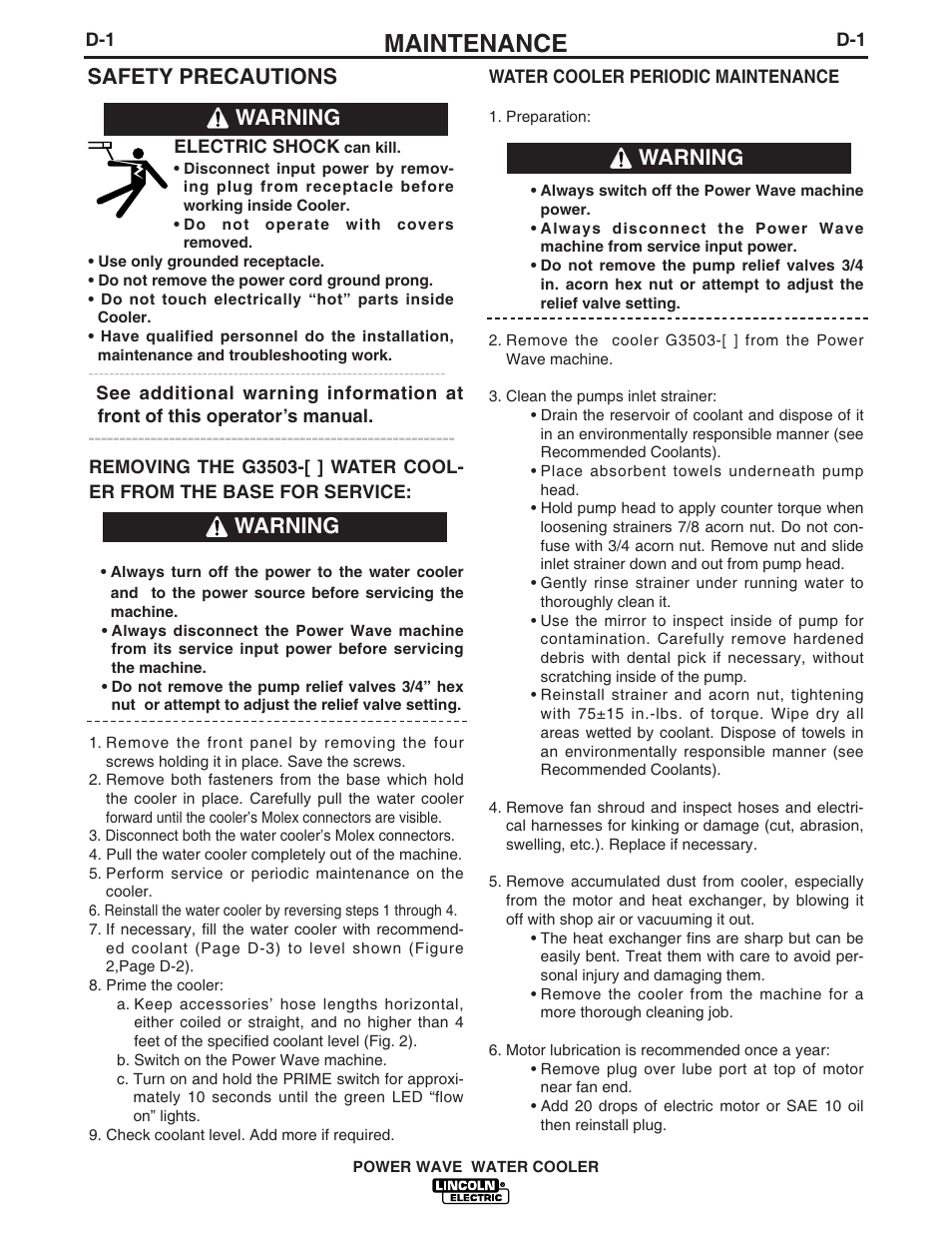 Maintenance, Warning, Safety precautions | Lincoln Electric IM680 Power Wave Water Cooler User Manual | Page 11 / 20