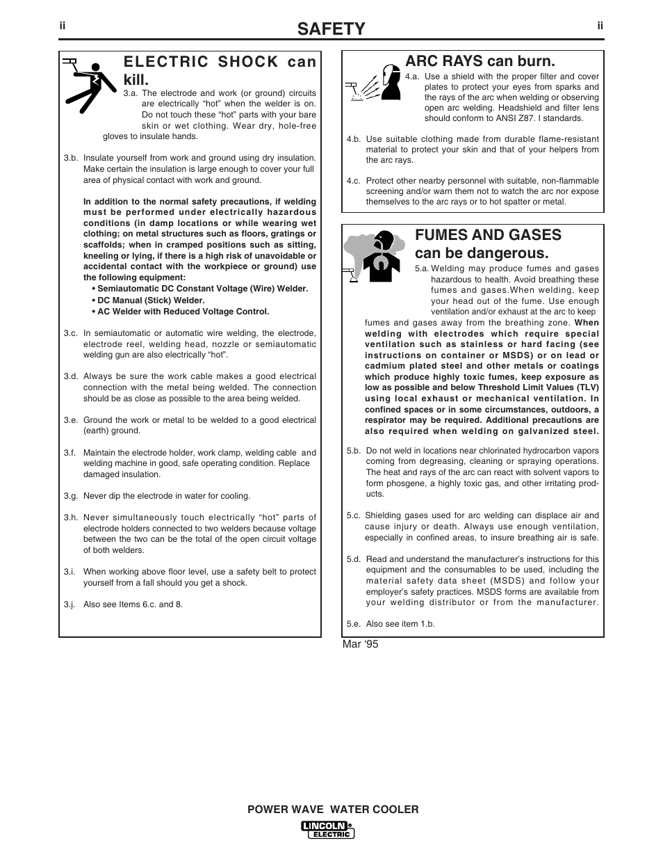 Safety, Arc rays can burn, Electric shock can kill | Fumes and gases can be dangerous | Lincoln Electric IM680 Power Wave Water Cooler User Manual | Page 3 / 20