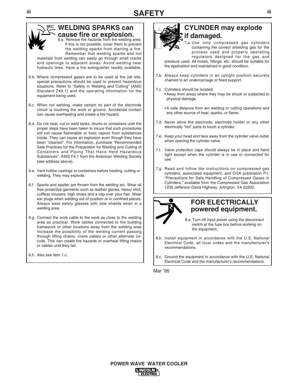 Safety, For electrically powered equipment, Cylinder may explode if damaged | Welding sparks can cause fire or explosion | Lincoln Electric IM680 Power Wave Water Cooler User Manual | Page 4 / 20