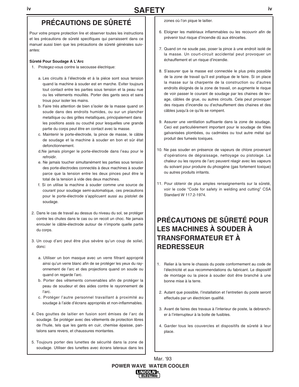 Safety, Précautions de sûreté | Lincoln Electric IM680 Power Wave Water Cooler User Manual | Page 5 / 20