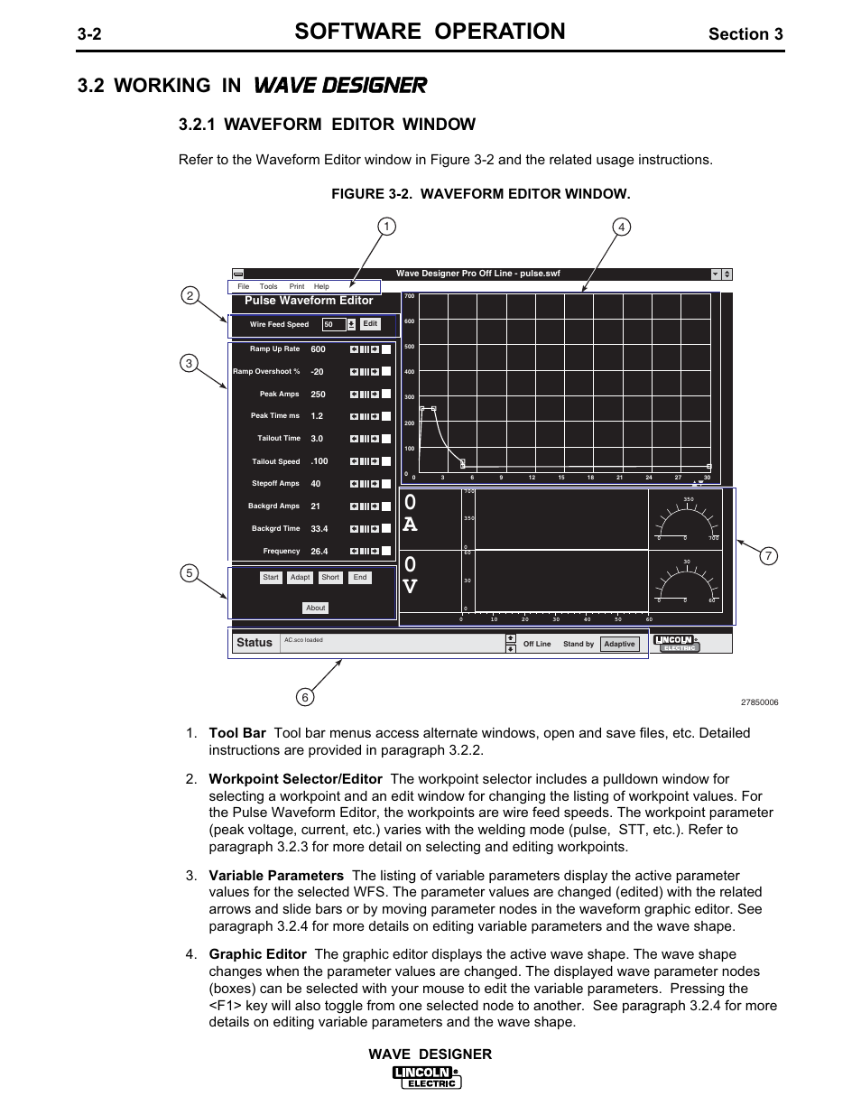 Software operation, 2 working in wave designer, 1 waveform editor window | Wave designer | Lincoln Electric IM649 Wave Designer User Manual | Page 14 / 74