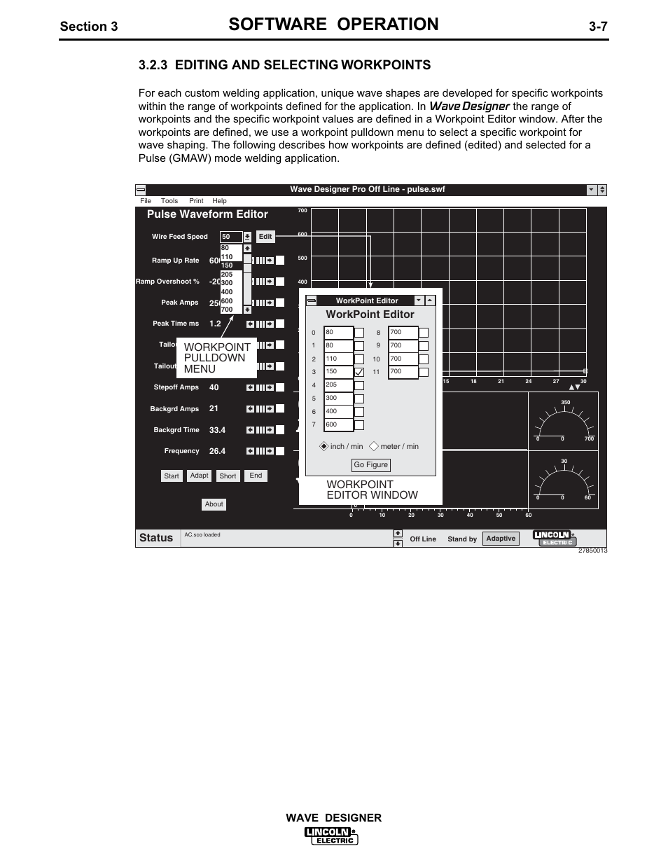 Software operation, 3 editing and selecting workpoints, Wave designer pulse waveform editor | Status, Workpoint pulldown menu workpoint editor window, Workpoint editor | Lincoln Electric IM649 Wave Designer User Manual | Page 19 / 74