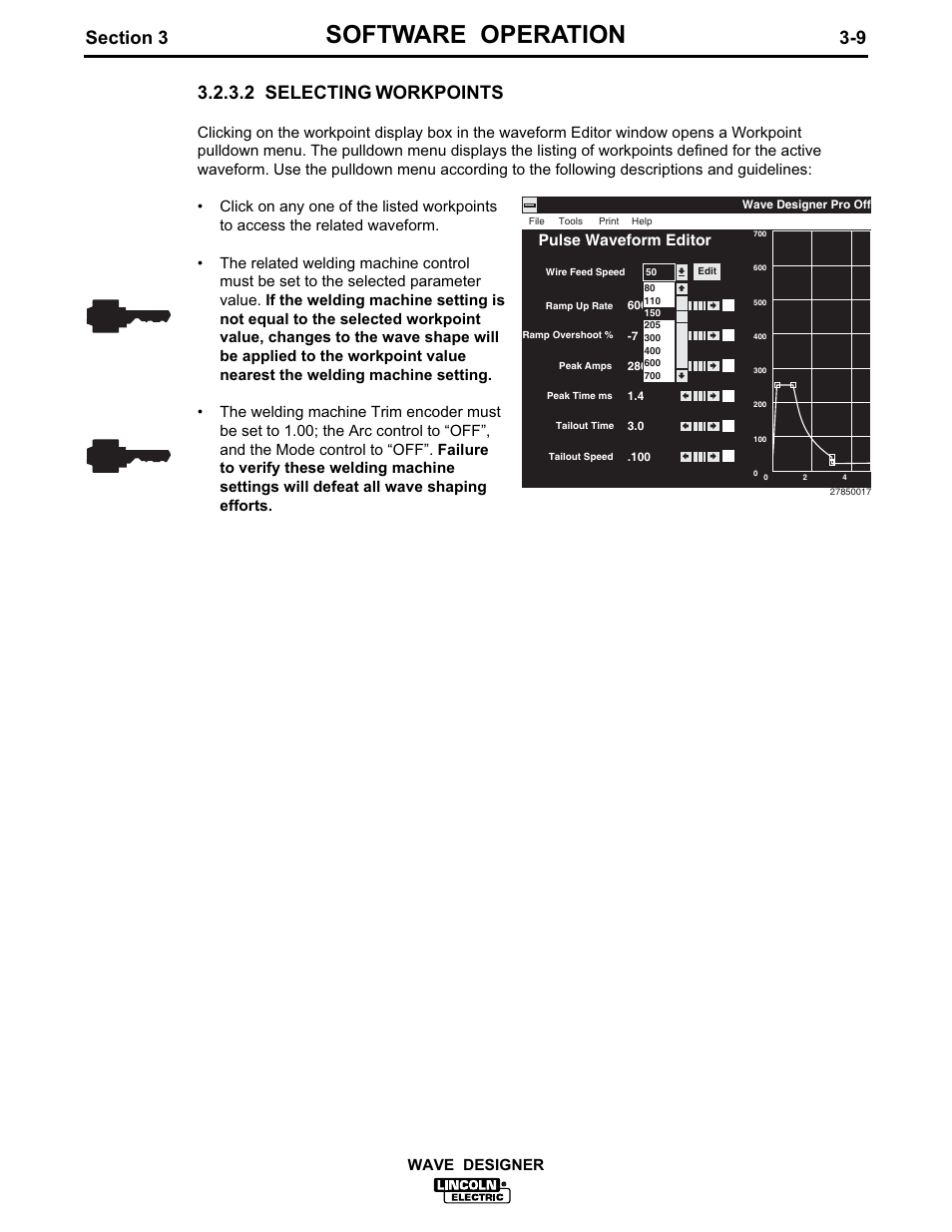 Software operation, 2 selecting workpoints, Wave designer pulse waveform editor | Lincoln Electric IM649 Wave Designer User Manual | Page 21 / 74