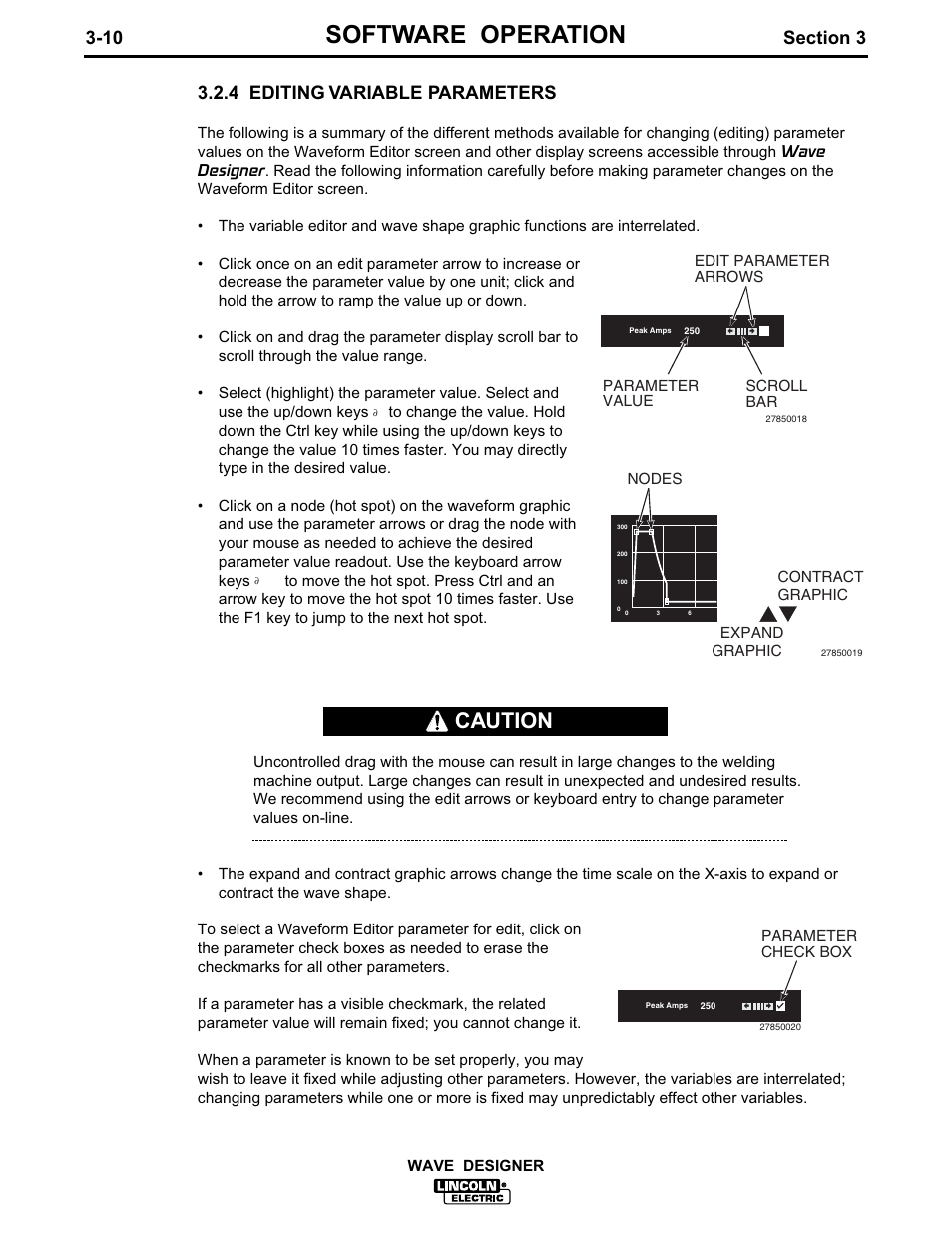 Software operation, Caution, 4 editing variable parameters | Lincoln Electric IM649 Wave Designer User Manual | Page 22 / 74