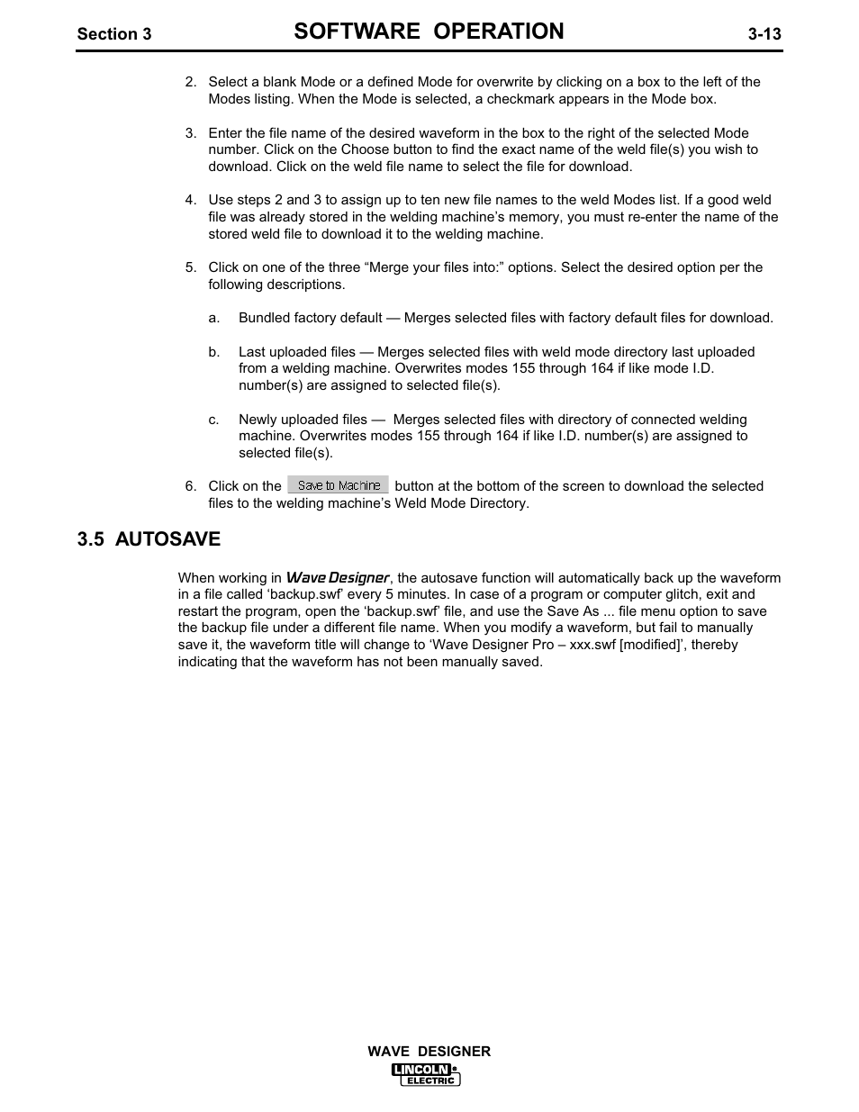 Software operation, 5 autosave | Lincoln Electric IM649 Wave Designer User Manual | Page 25 / 74