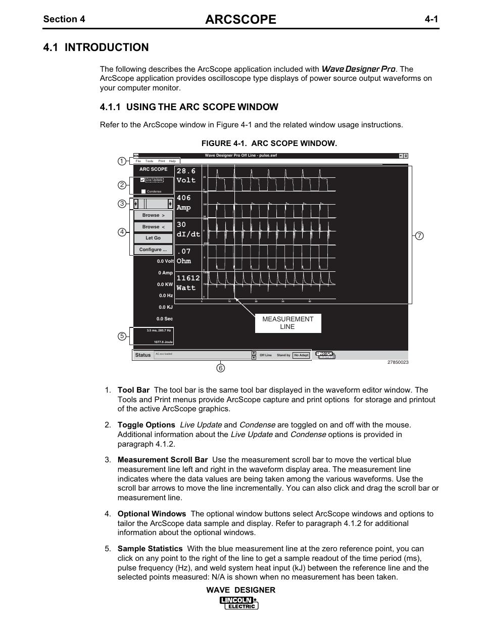 Arcscope, 1 introduction, 1 using the arc scope window | Wave designer, 9row $ps g, gw 2kp :dww | Lincoln Electric IM649 Wave Designer User Manual | Page 27 / 74