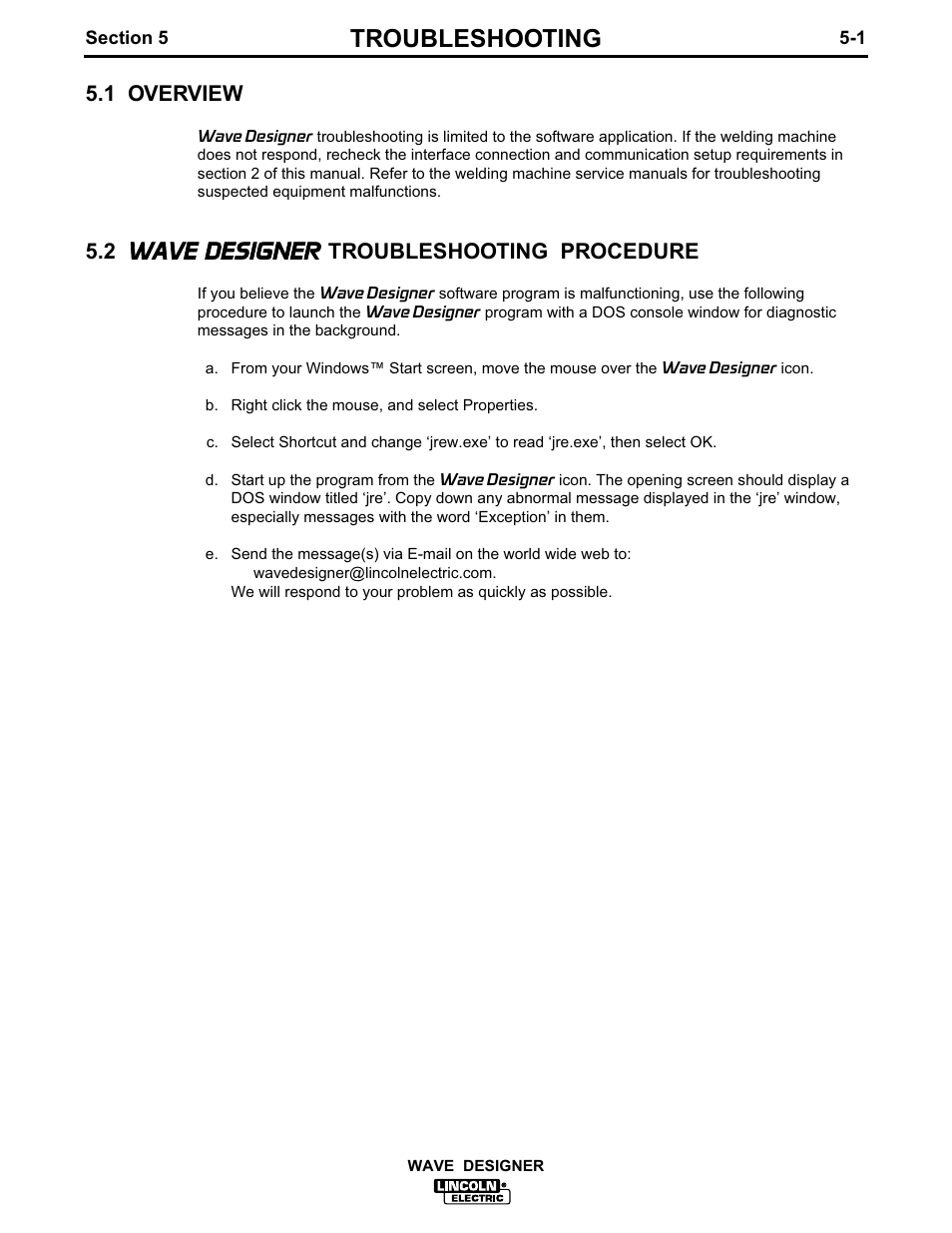 Troubleshooting, 1 overview, 2 wave designer troubleshooting procedure | Lincoln Electric IM649 Wave Designer User Manual | Page 31 / 74