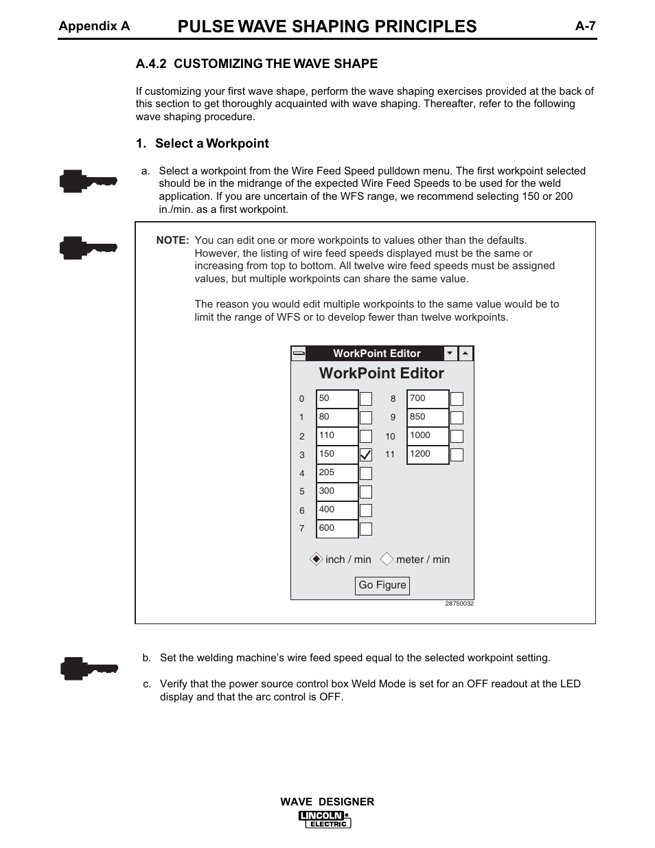 Pulse wave shaping principles, Workpoint editor, A.4.2 customizing the wave shape | Select a workpoint, Appendix a a-7 | Lincoln Electric IM649 Wave Designer User Manual | Page 39 / 74