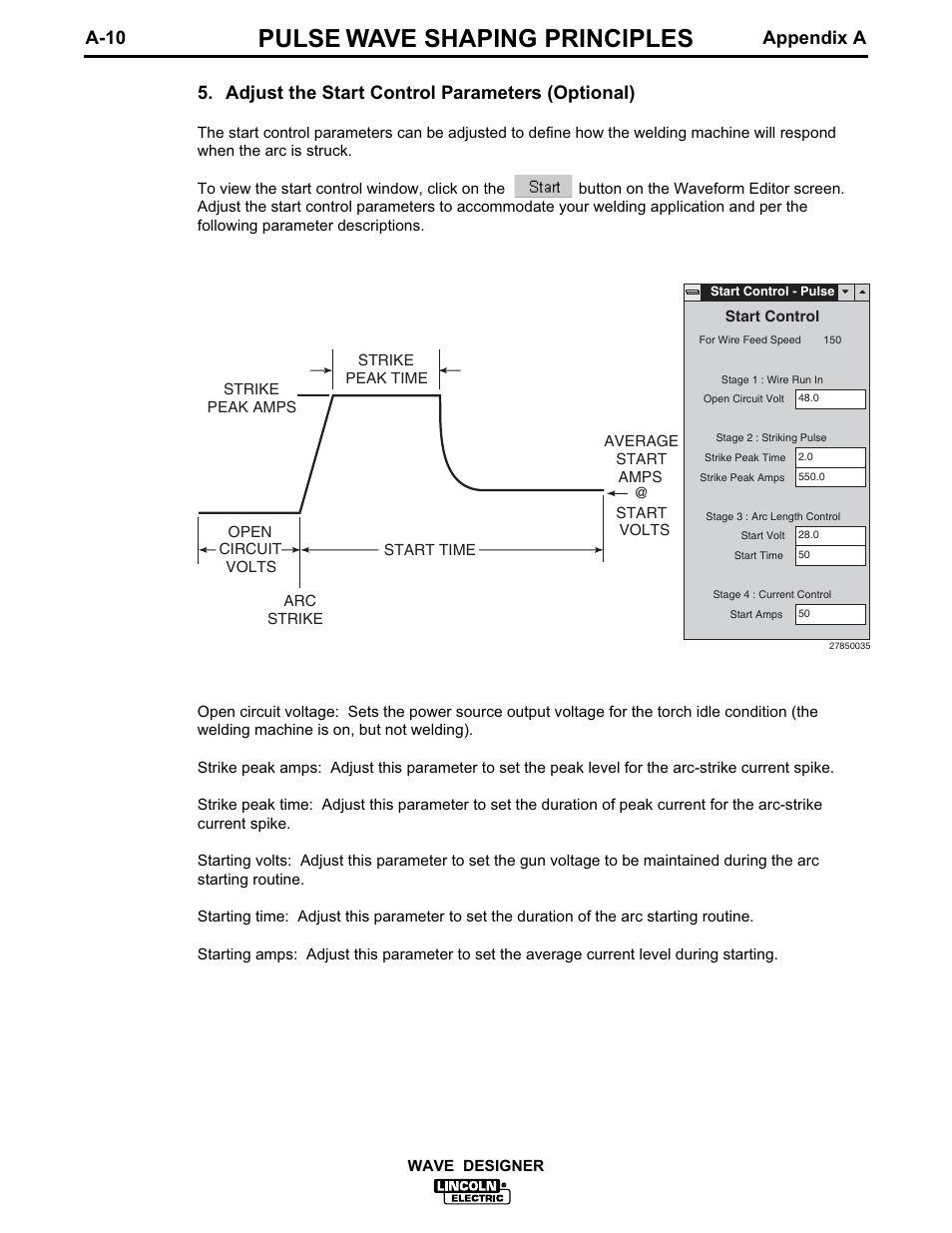 Pulse wave shaping principles, Adjust the start control parameters (optional), A-10 appendix a | Lincoln Electric IM649 Wave Designer User Manual | Page 42 / 74