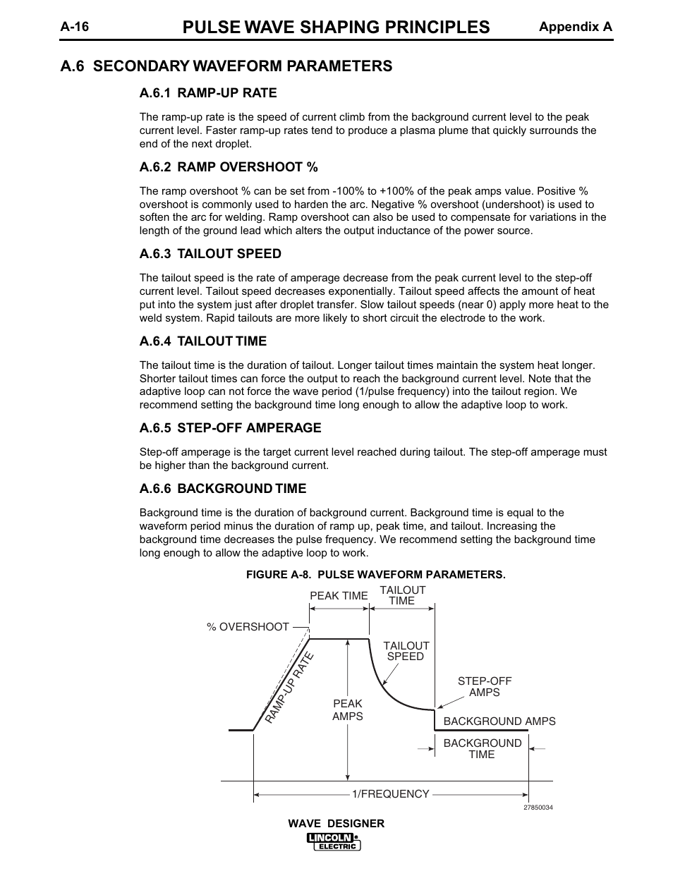 Pulse wave shaping principles, A.6 secondary waveform parameters | Lincoln Electric IM649 Wave Designer User Manual | Page 48 / 74