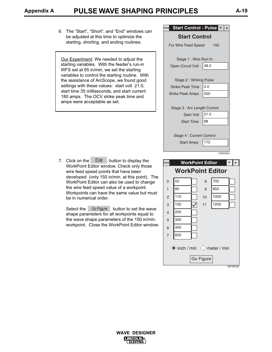 Pulse wave shaping principles, Workpoint editor, Start control | Appendix a a-19 | Lincoln Electric IM649 Wave Designer User Manual | Page 51 / 74