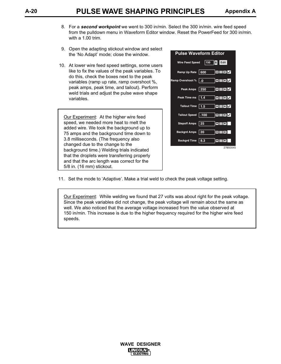 Pulse wave shaping principles, A-20 appendix a | Lincoln Electric IM649 Wave Designer User Manual | Page 52 / 74